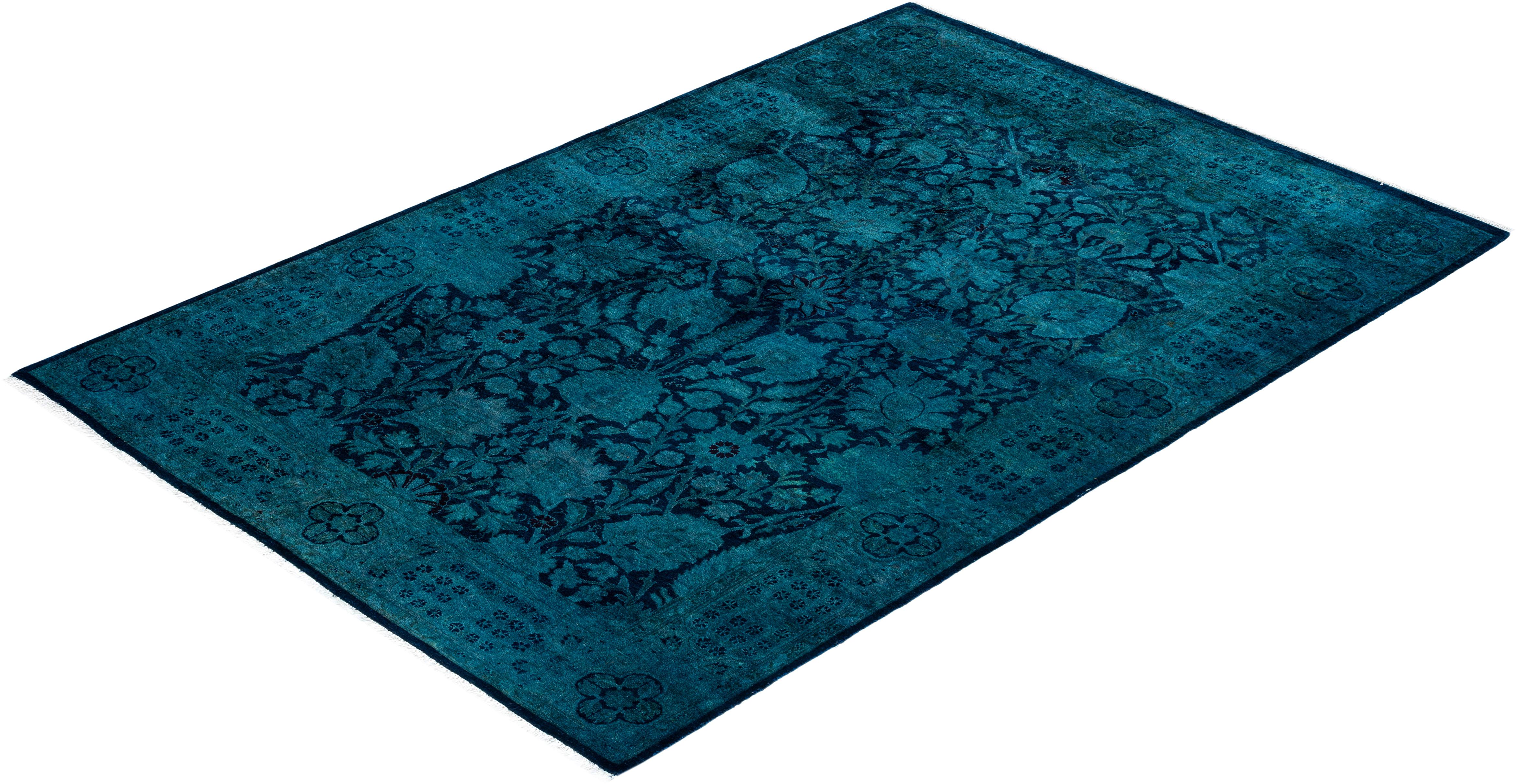 Contemporary Overdyed Hand Knotted Wool Blue Area Rug 4' 1
