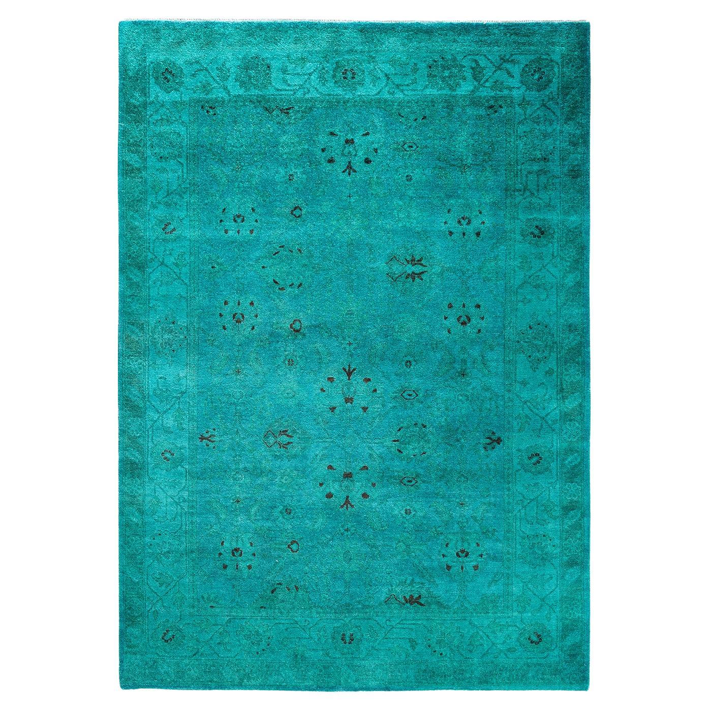 Contemporary Overdyed Hand Knotted Wool Blue Area Rug 4' 1" x 6' 1" For Sale