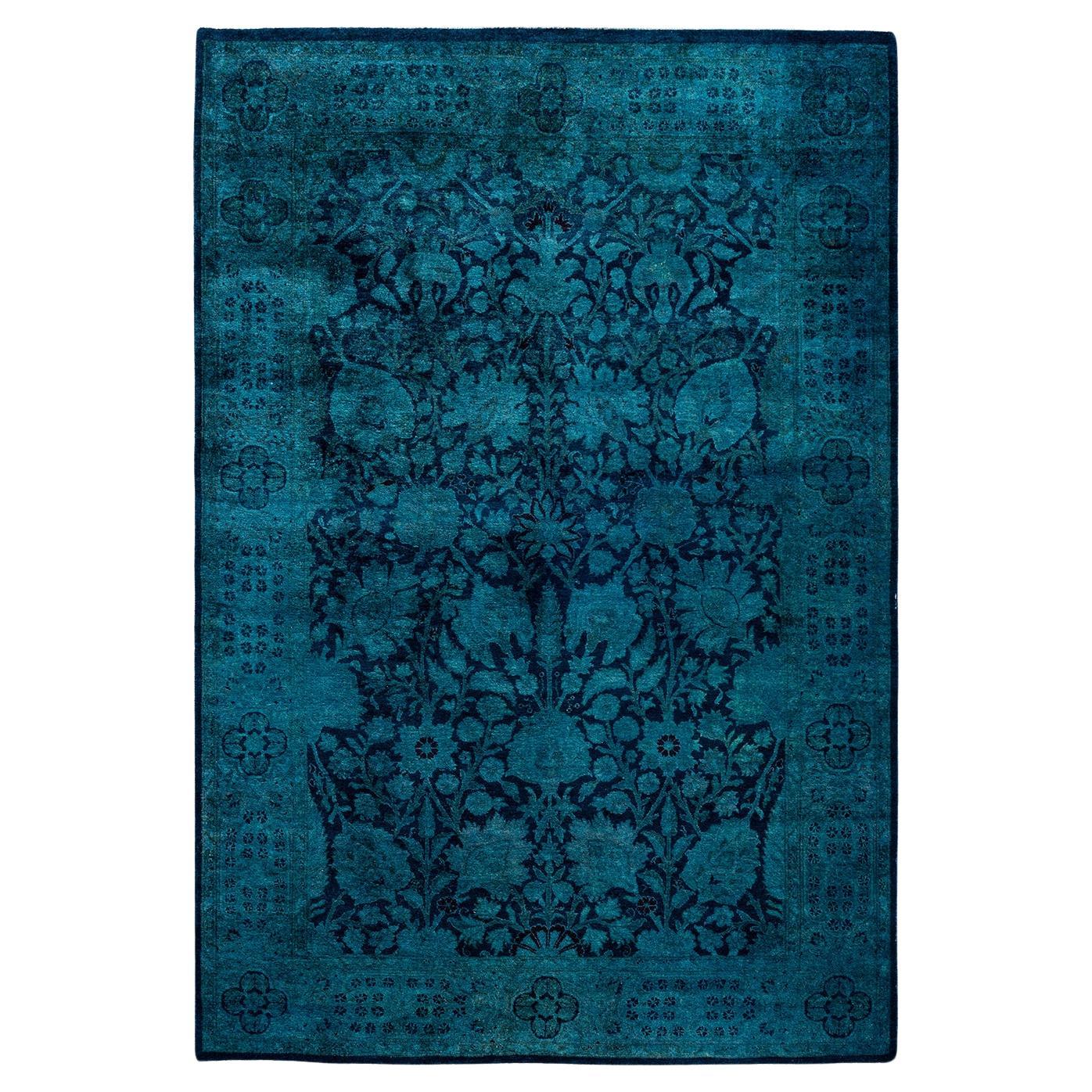 Contemporary Overdyed Hand Knotted Wool Blue Area Rug 4' 1" x 6' 1" For Sale