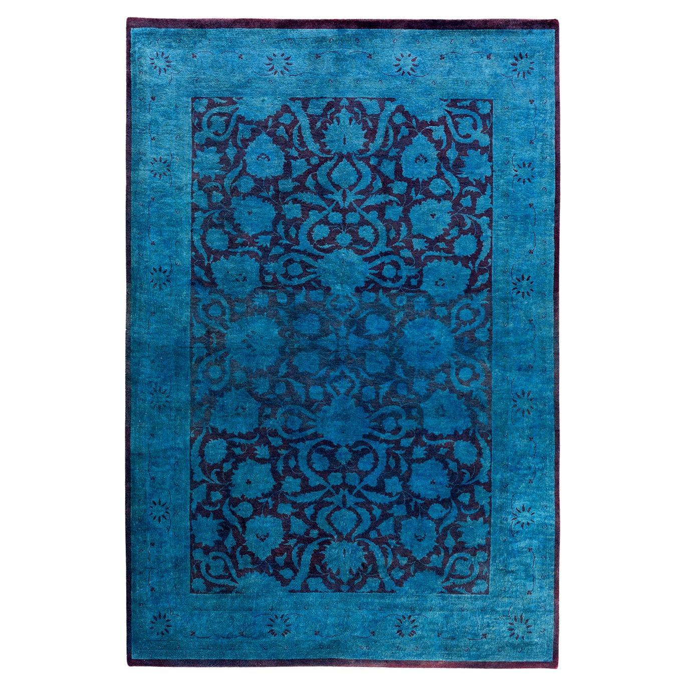 Contemporary Overdyed Hand Knotted Wool Blue Area Rug 4' 2" x 6' 2"