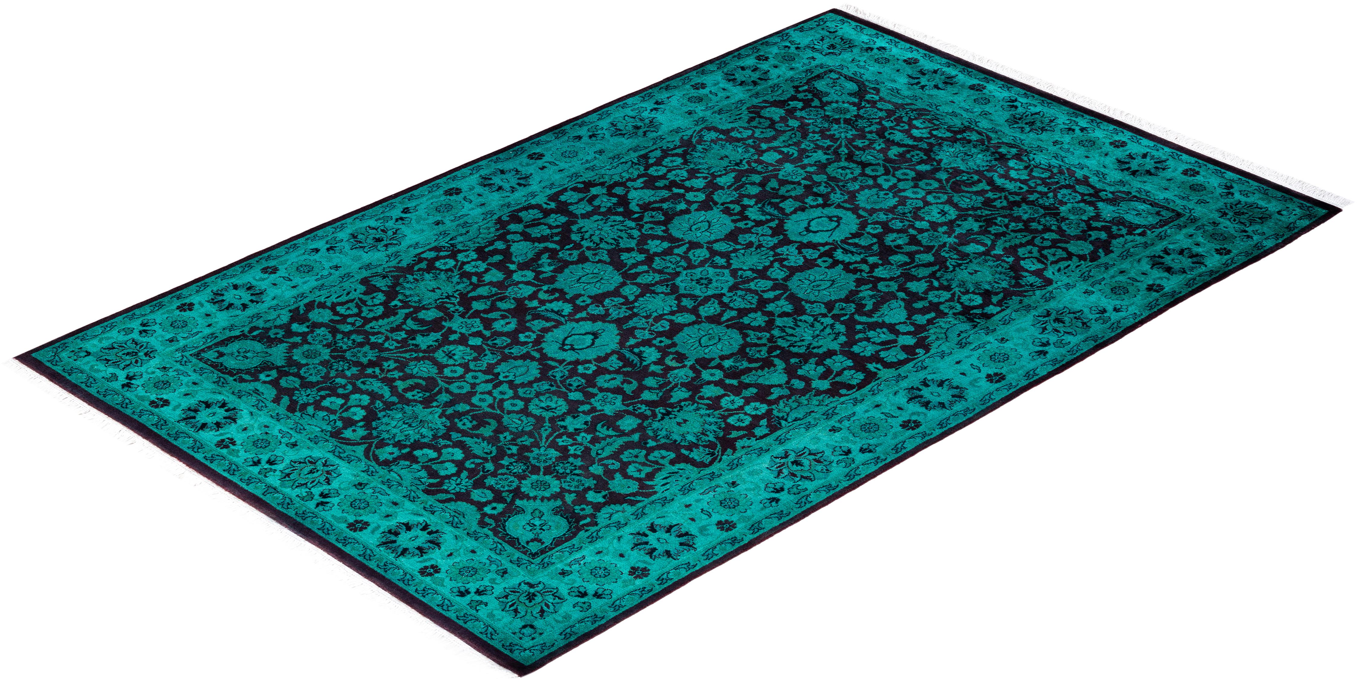 Contemporary Overdyed Hand Knots Rugs (Tappeto di lana blu) 4' 2