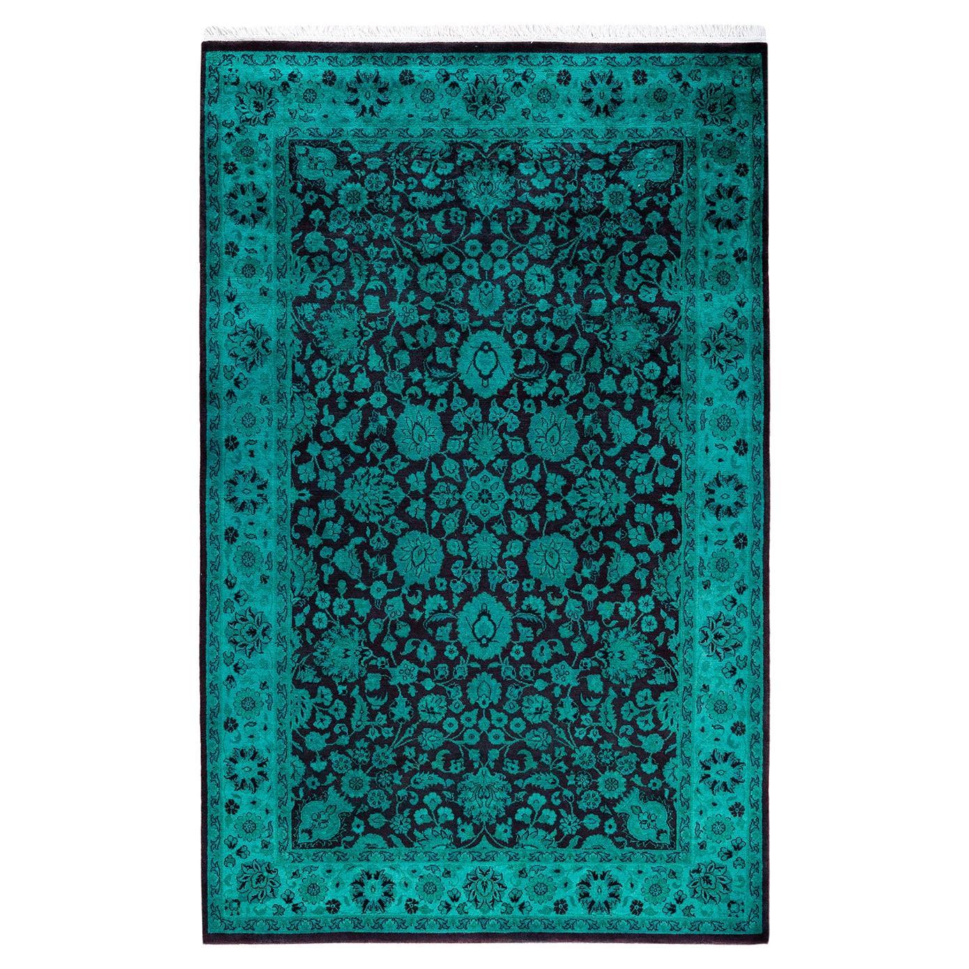 Contemporary Overdyed Hand Knots Rugs (Tappeto di lana blu) 4' 2" x 6' 5"