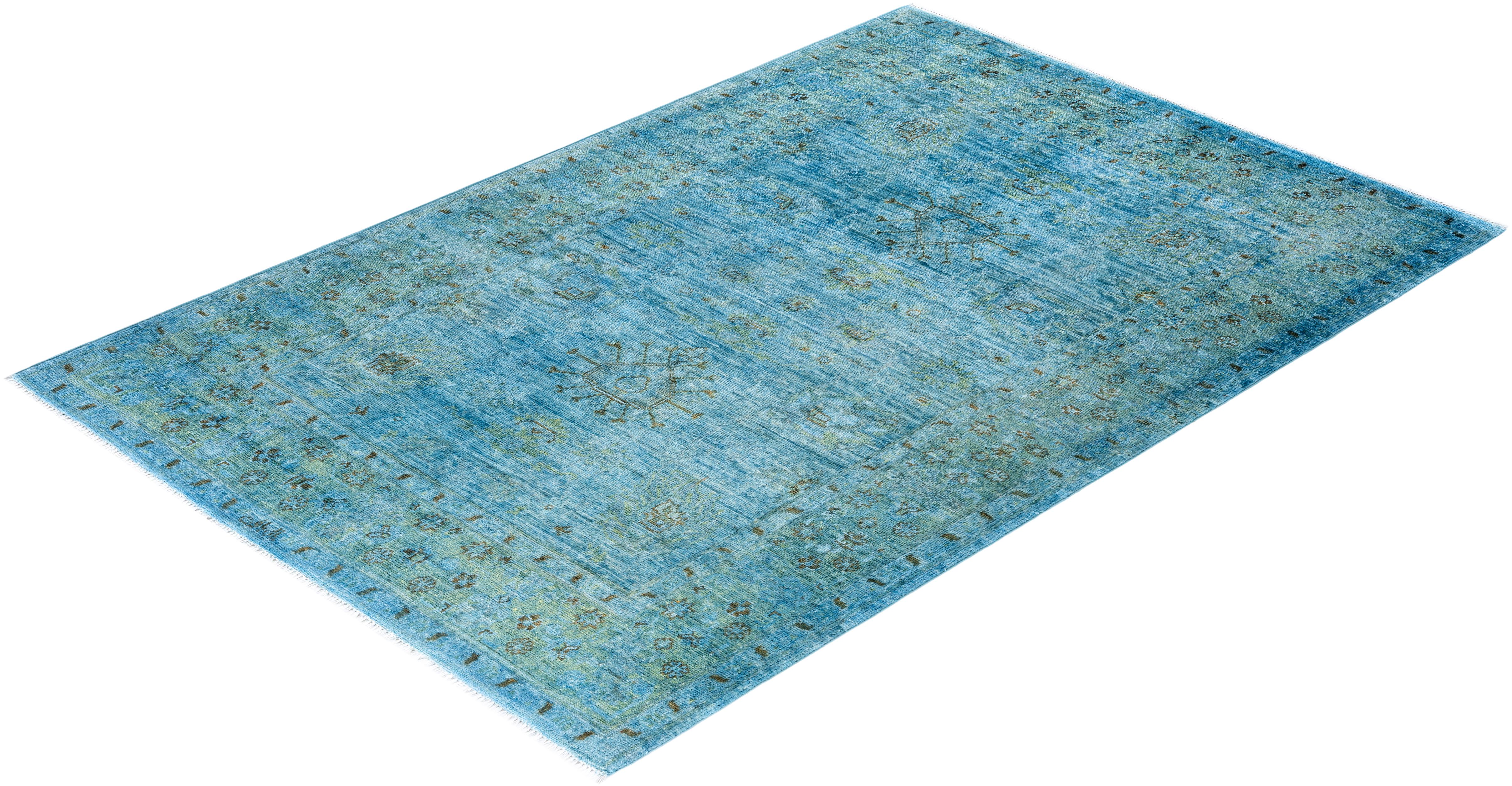 Contemporary Overdyed Hand Knotted Wool Blue Area Rug 4' 3