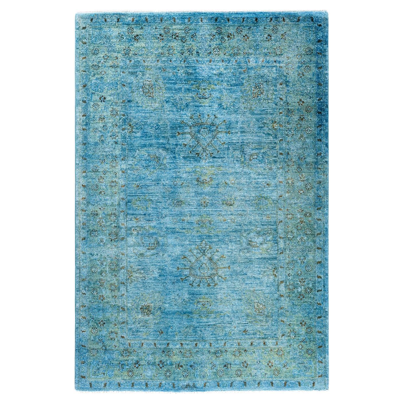Contemporary Overdyed Hand Knotted Wool Blue Area Rug 4' 3" x 6' 3" For Sale