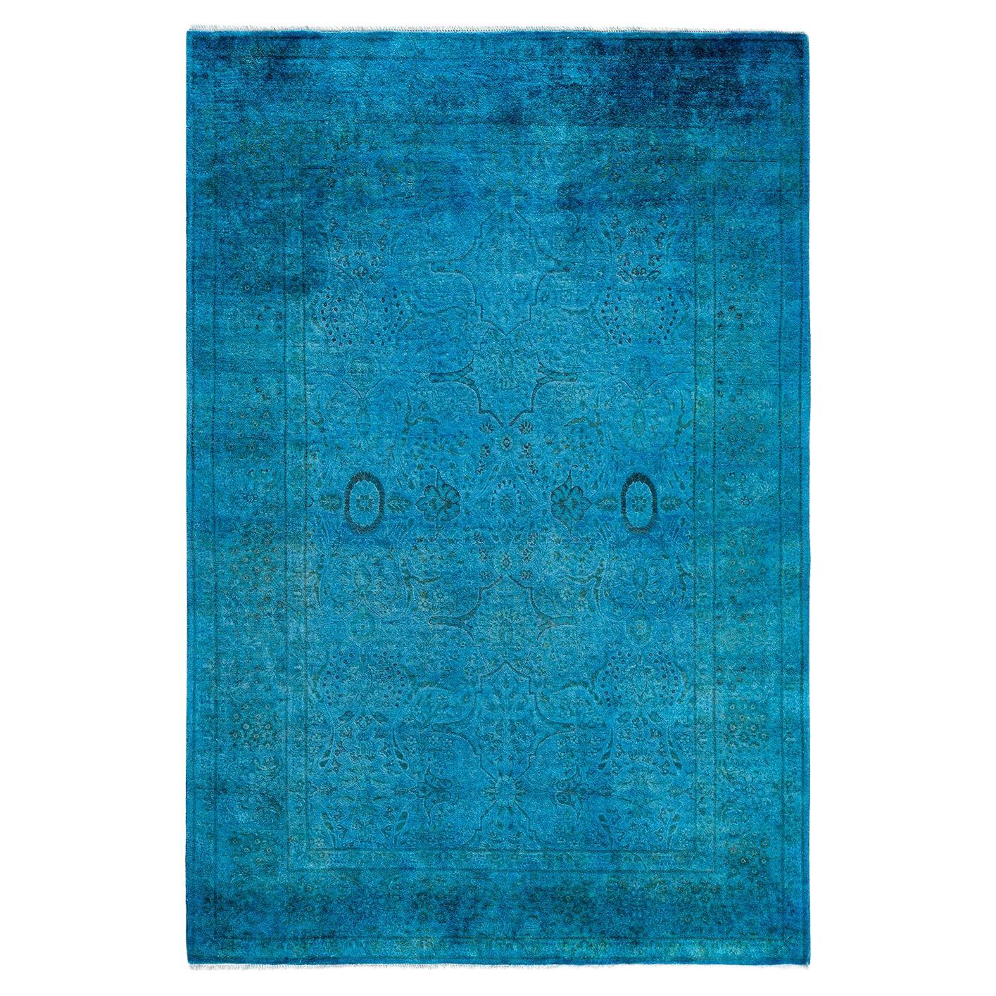 Contemporary Overdyed Hand Knotted Wool Blue Area Rug 4' 3" x 6' 3"