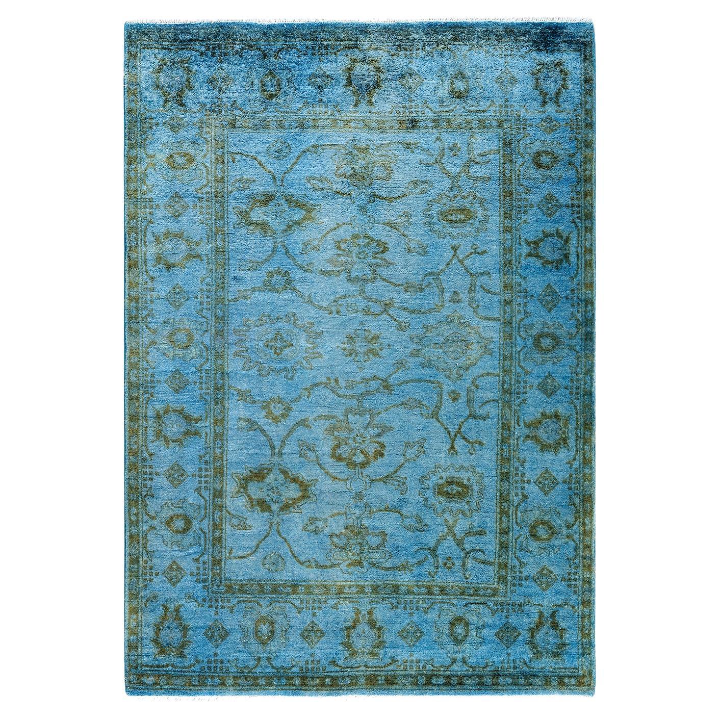 Contemporary Overdyed Hand Knotted Wool Blue Area Rug 4' 7" x 6' 5"
