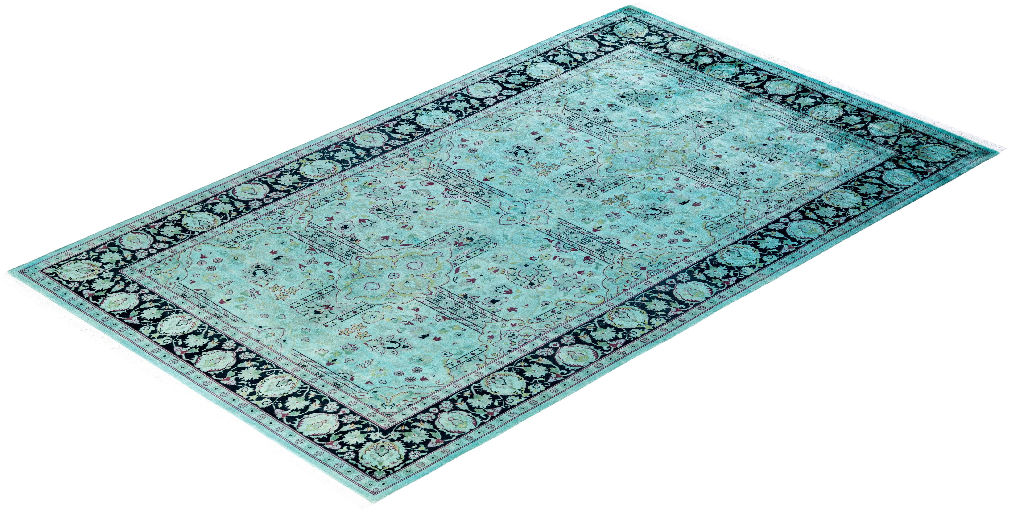 Contemporary Overdyed Hand Knotted Wool Blue Area Rug 4' 8