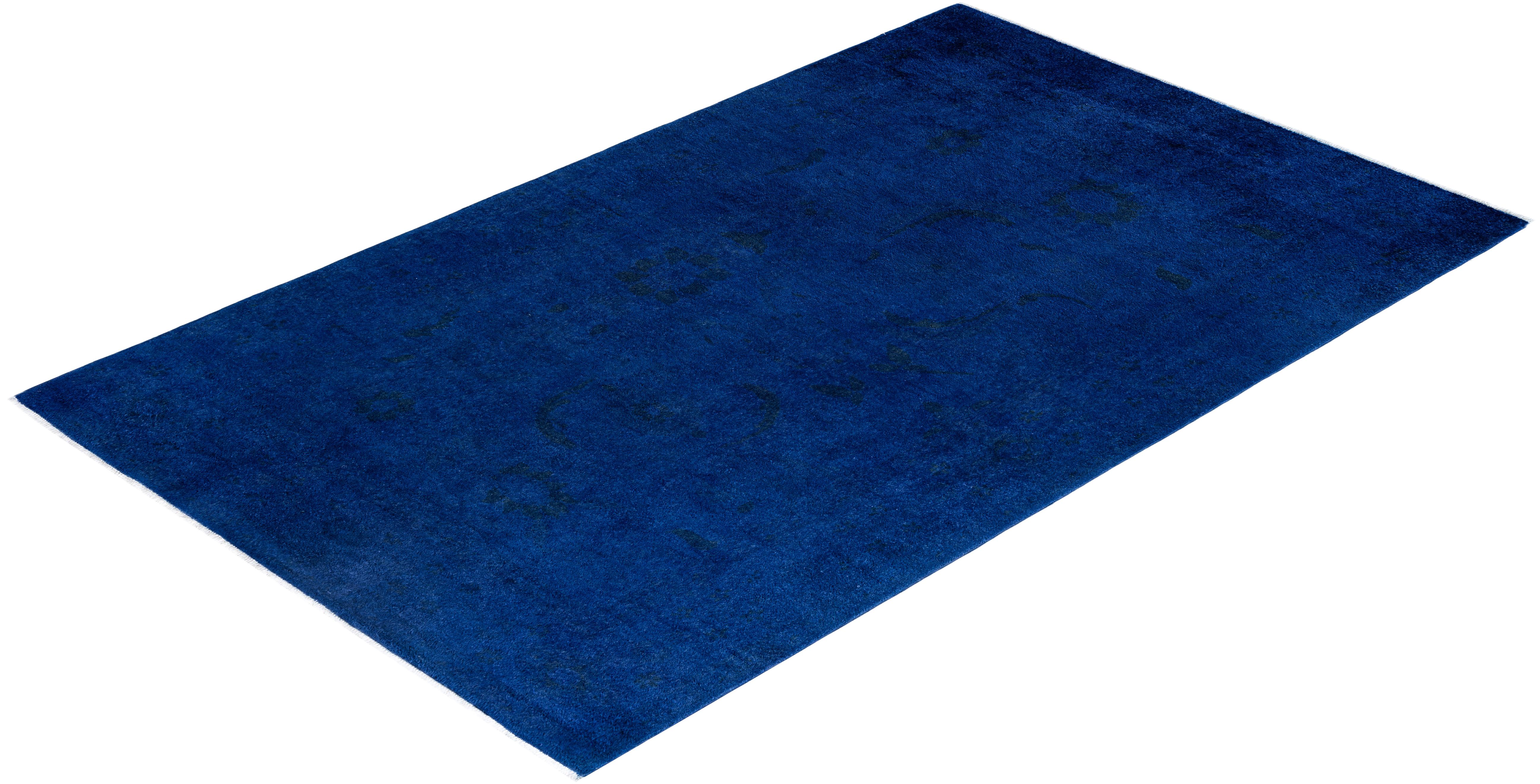 Contemporary Overdyed Hand Knotted Wool Blue Area Rug 5' 1