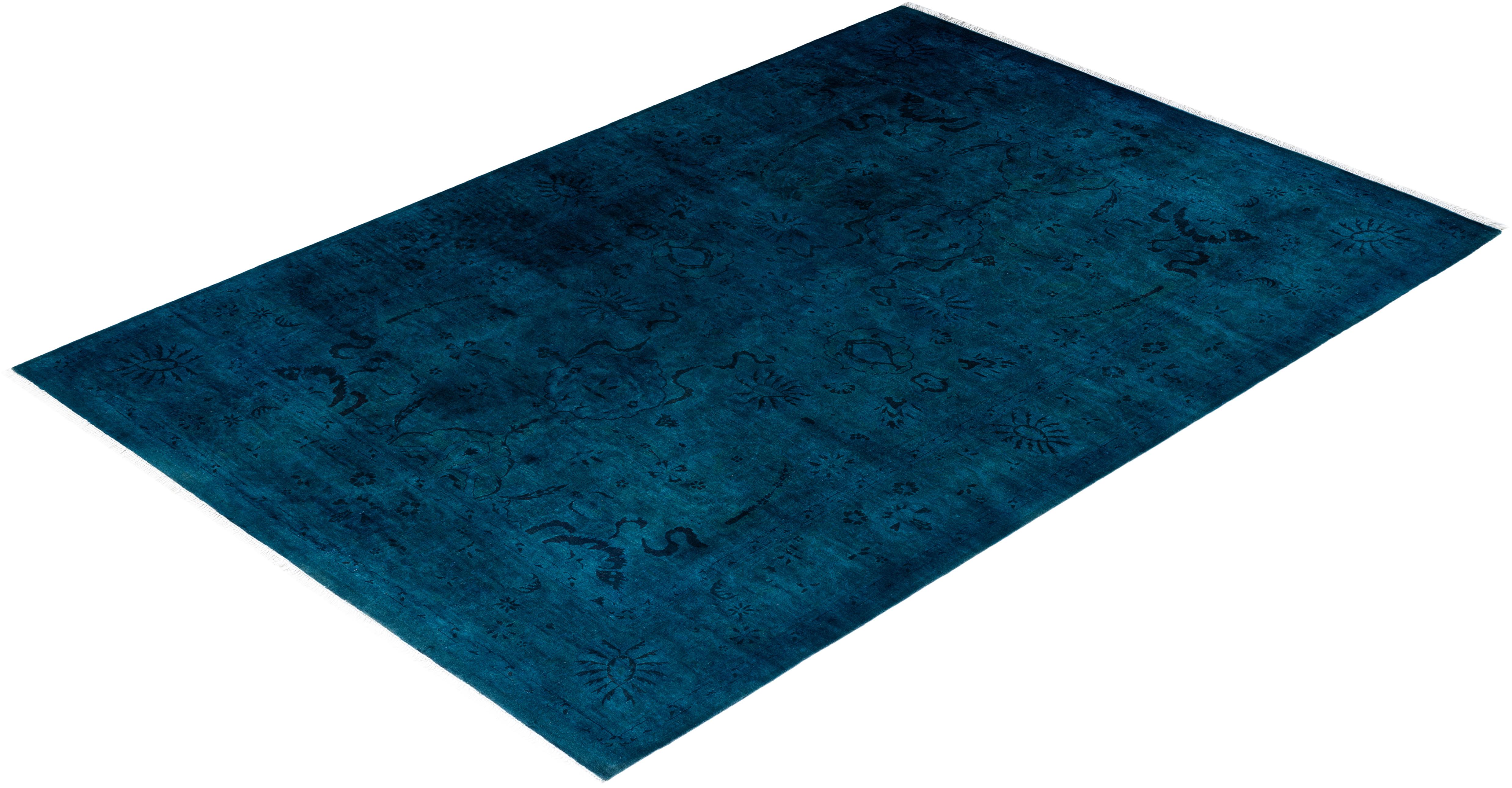 Contemporary Overdyed Hand Knots Rugs (Tappeto di lana blu) 5' 10