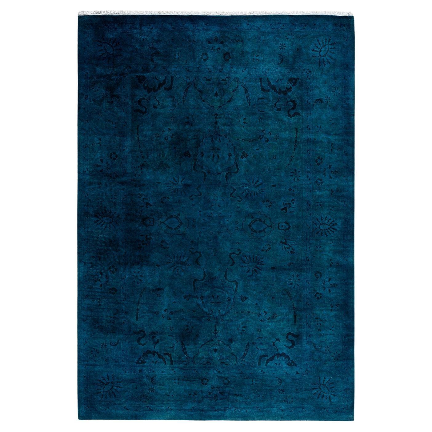 Contemporary Overdyed Hand Knotted Wool Blue Area Rug 5' 10" x 8' 8"