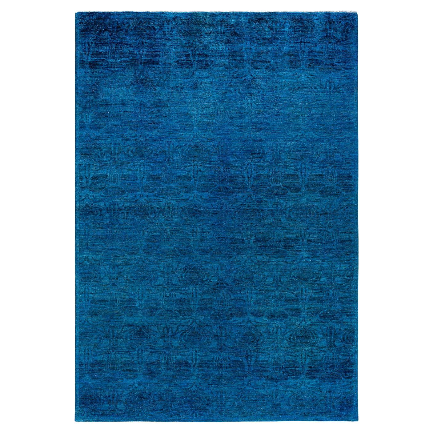 Contemporary Overdyed Hand Knotted Wool Blue Area Rug 5' 10" x 9' 2"