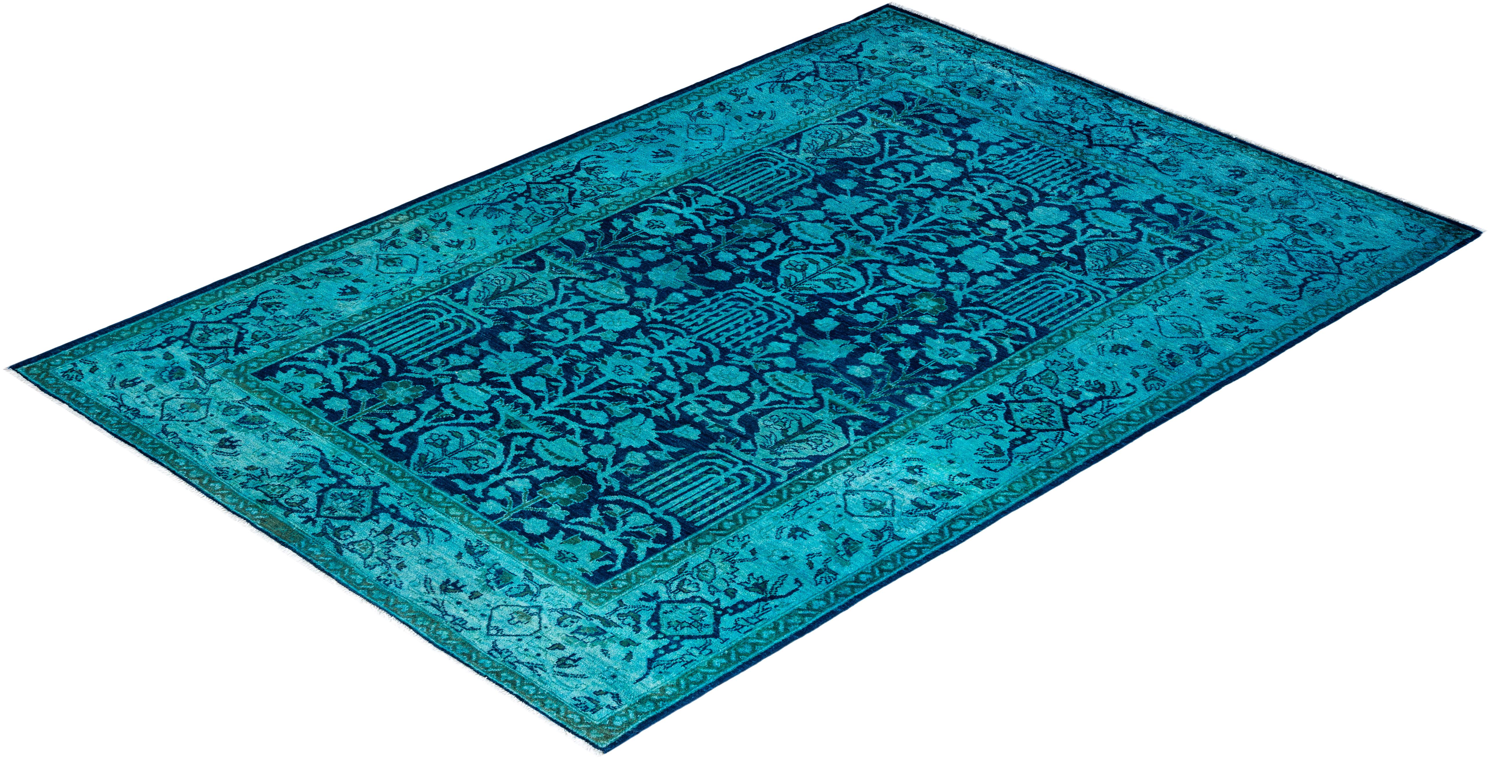 Contemporary Overdyed Hand Knotted Wool Blue Area Rug 5' 2