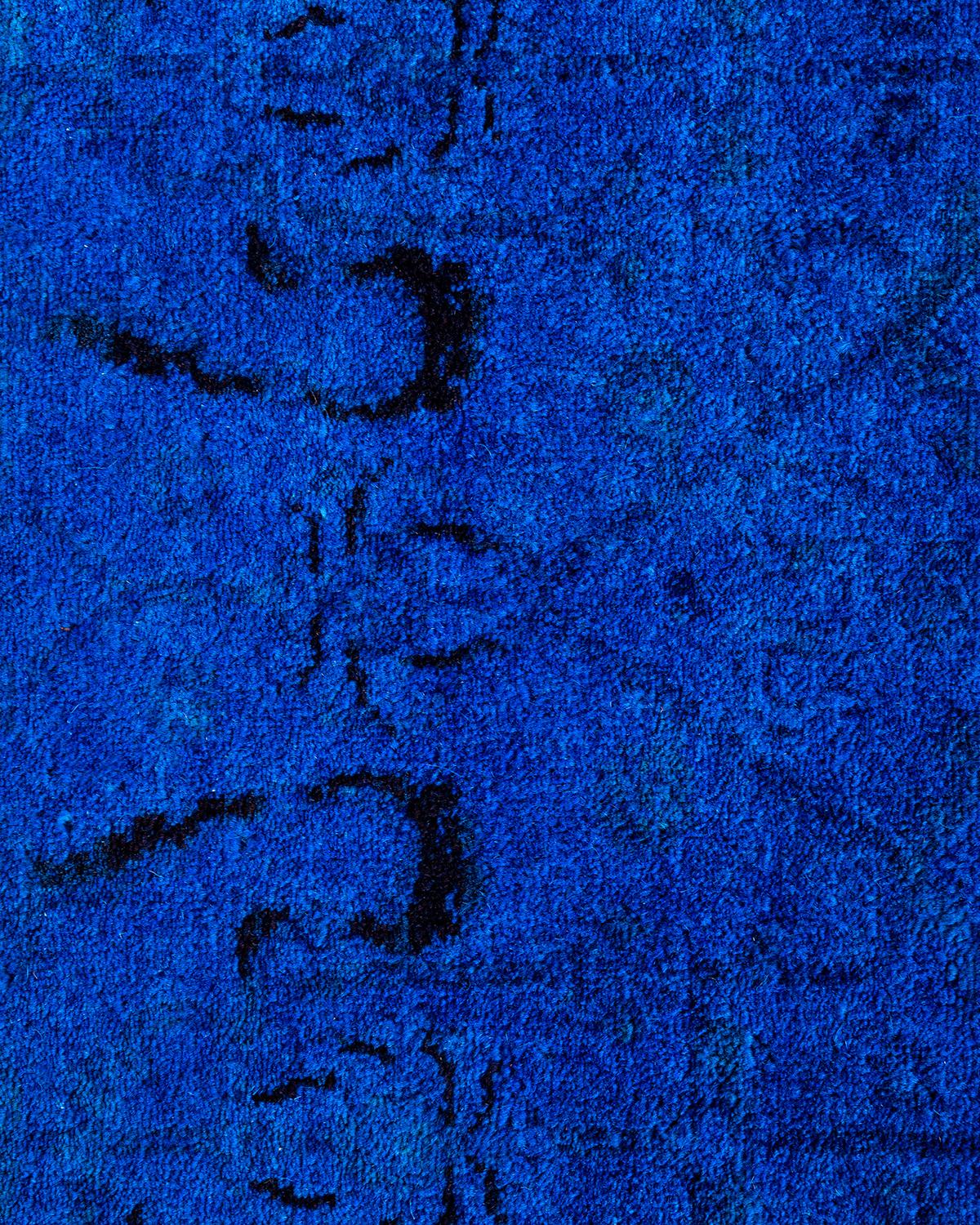 Pakistano Contemporary Overdyed Hand Knots Rugs, Tappeto blu in lana, 5' 5