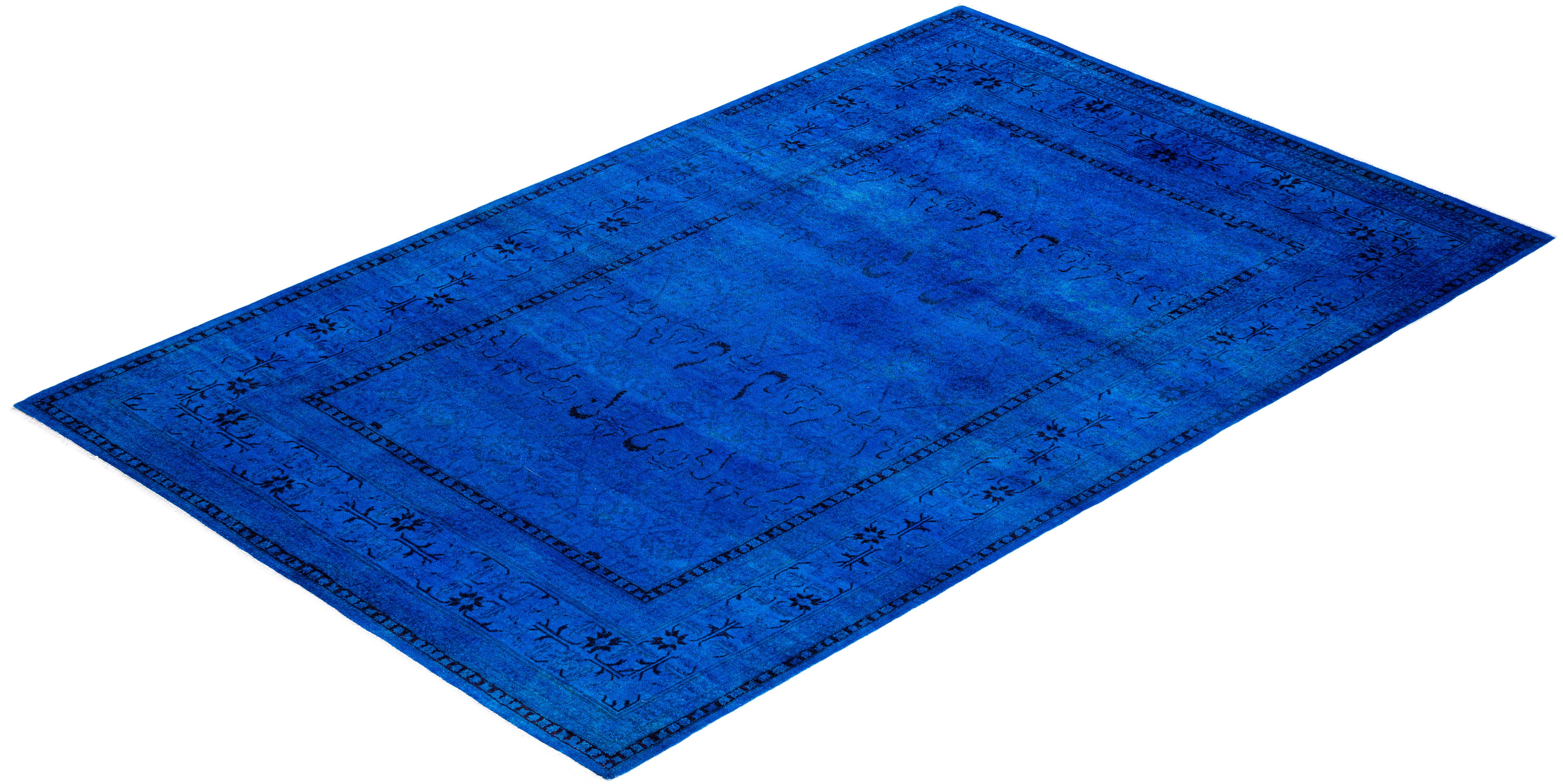 Contemporary Overdyed Hand Knots Rugs, Tappeto blu in lana, 5' 5