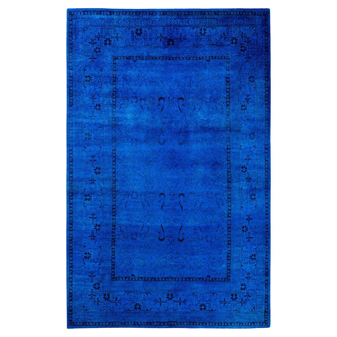Contemporary Overdyed Hand Knots Rugs, Tappeto blu in lana, 5' 5" x 8' 0".