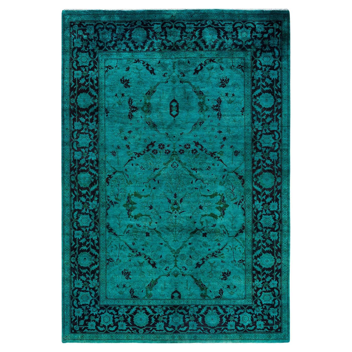 Contemporary Overdyed Hand Knotted Wool Blue Area Rug 6' 1" x 8' 9" For Sale