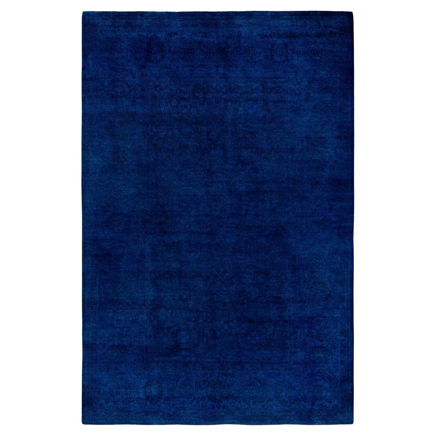 Contemporary Overdyed Hand Knotted Wool Blue Area Rug 6' 1" x 9' 2" For Sale
