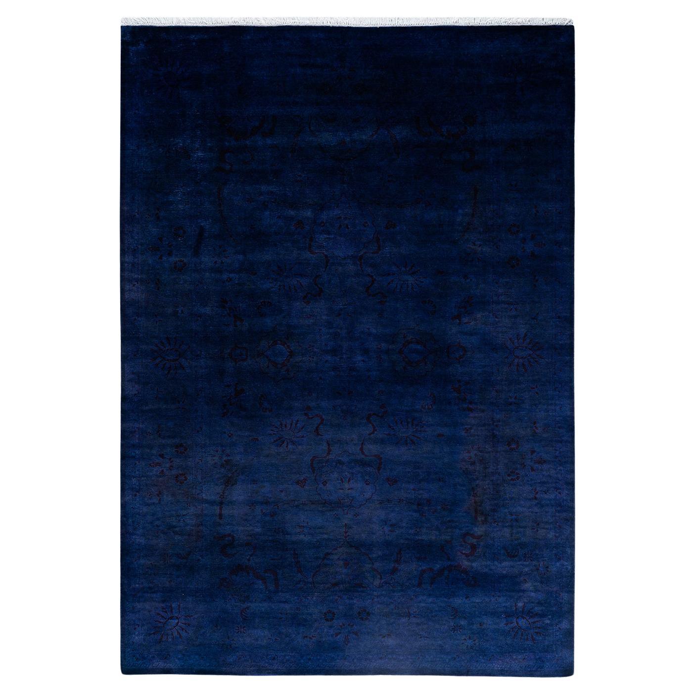 Contemporary Overdyed Hand Knotted Wool Blue Area Rug 6' 2" x 8' 7"