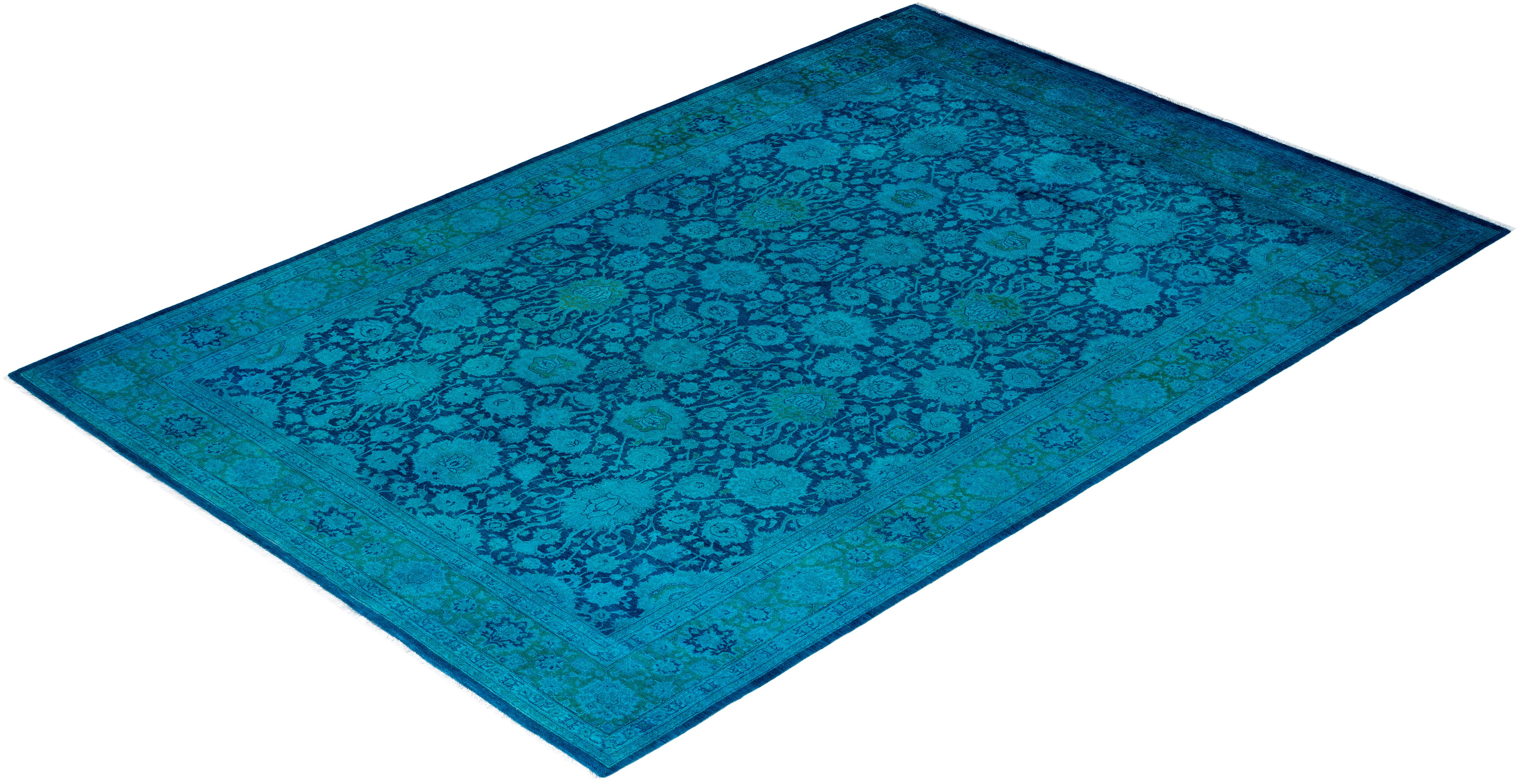 Contemporary Overdyed Hand Knotted Wool Blue Area Rug 6' 2