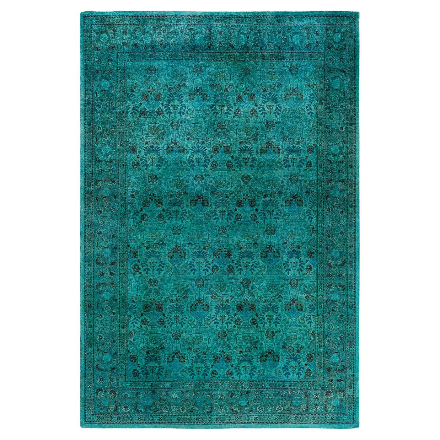 Contemporary Overdyed Hand Knotted Wool Blue Area Rug 6' 2" x 9' 2" For Sale