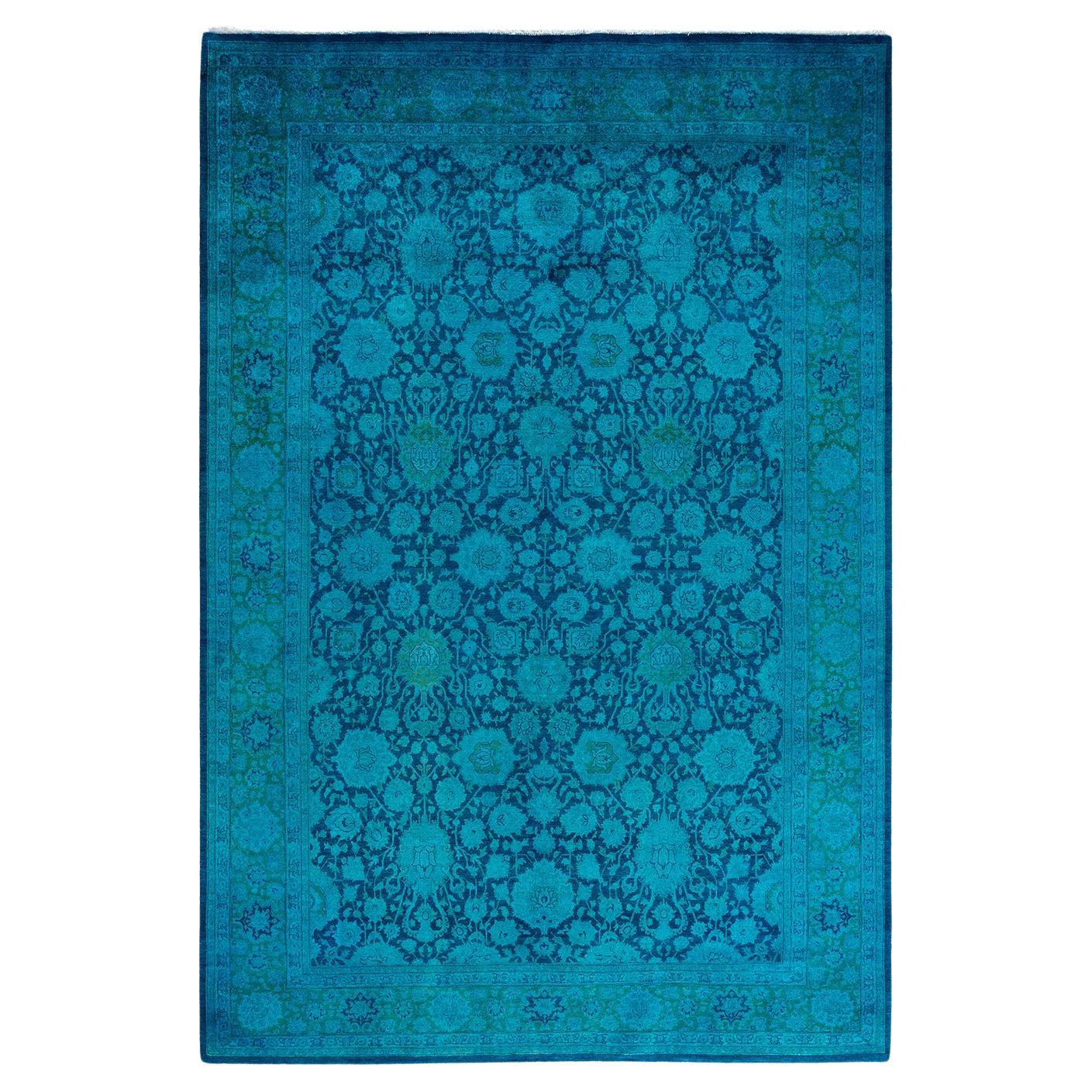 Contemporary Overdyed Hand Knotted Wool Blue Area Rug 6' 2" x 9' 2"
