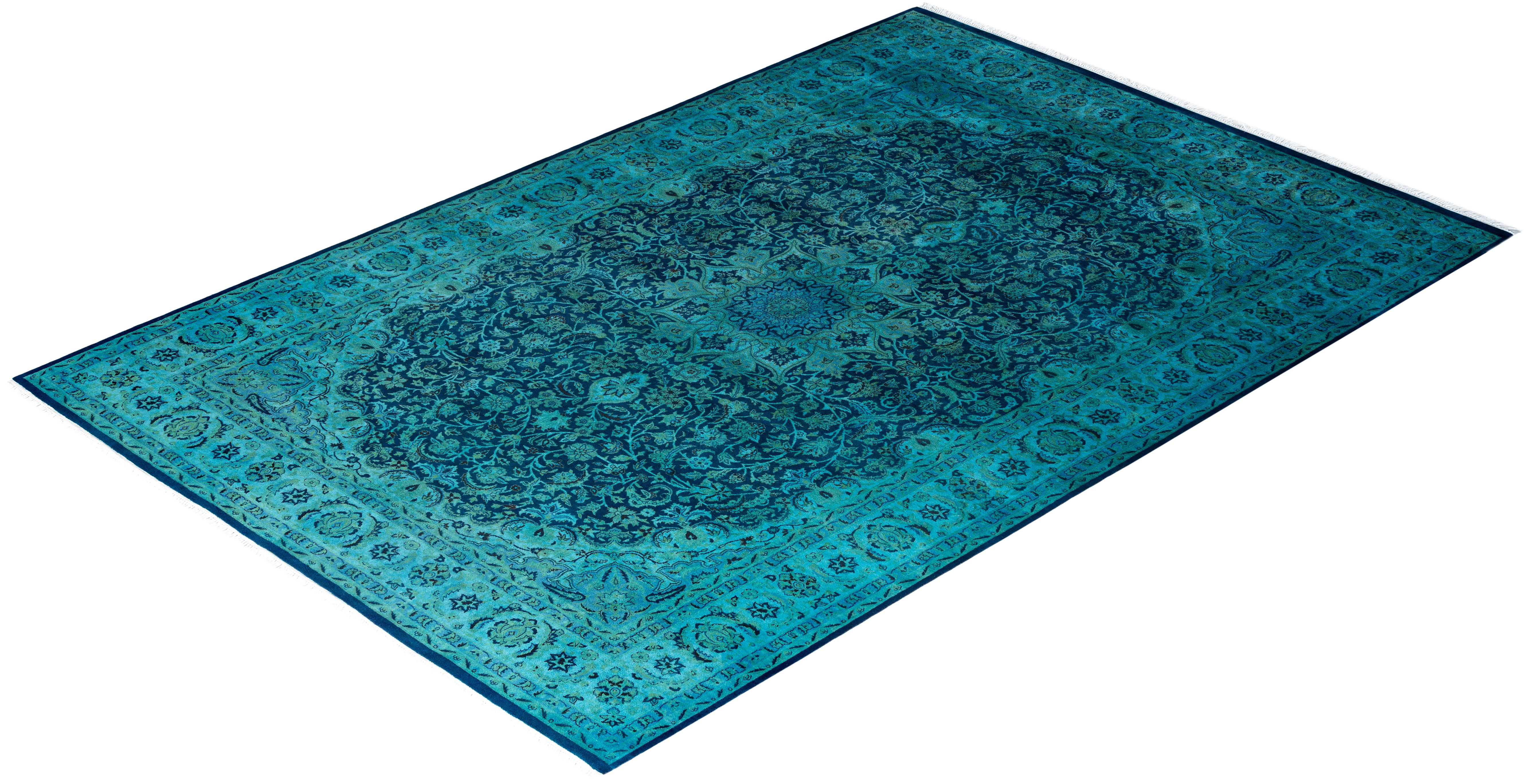 Contemporary Overdyed Hand Knotted Wool Blue Area Rug 6' 2