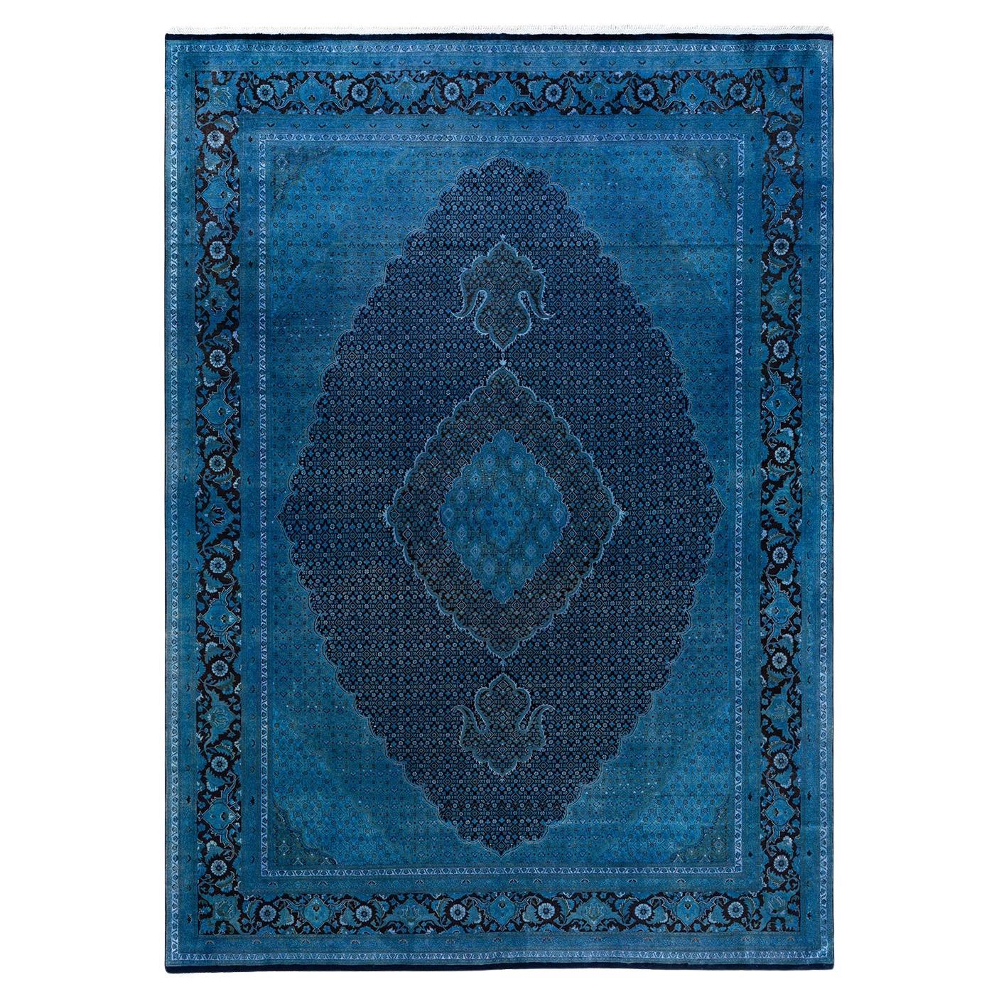 Contemporary Overdyed Hand Knotted Wool Blue Area Rug 8' 10" x 12' 4"