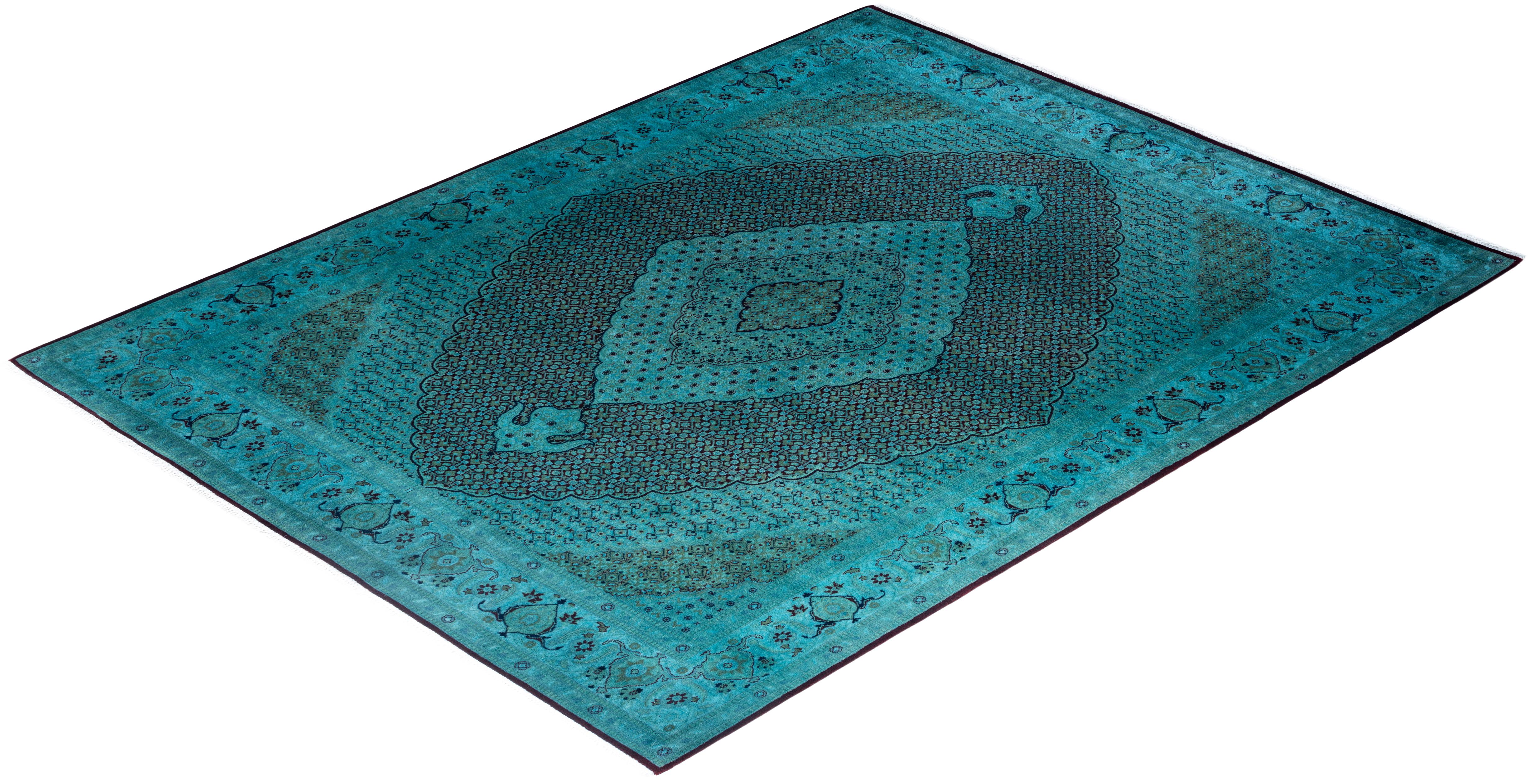 Contemporary Overdyed Hand Knotted Wool Blue Area Rug 8' 2