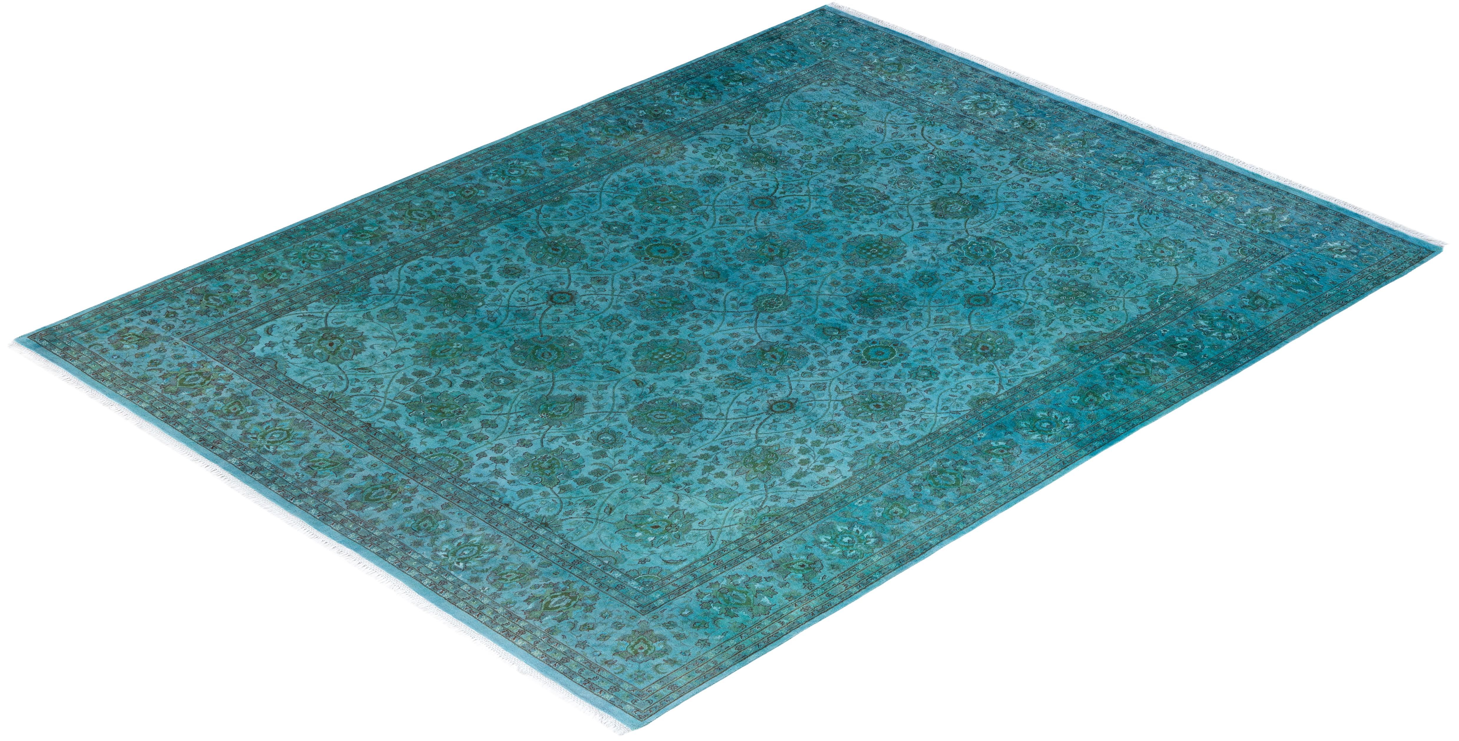 Contemporary Overdyed Hand Knotted Wool Blue Area Rug 8' 2