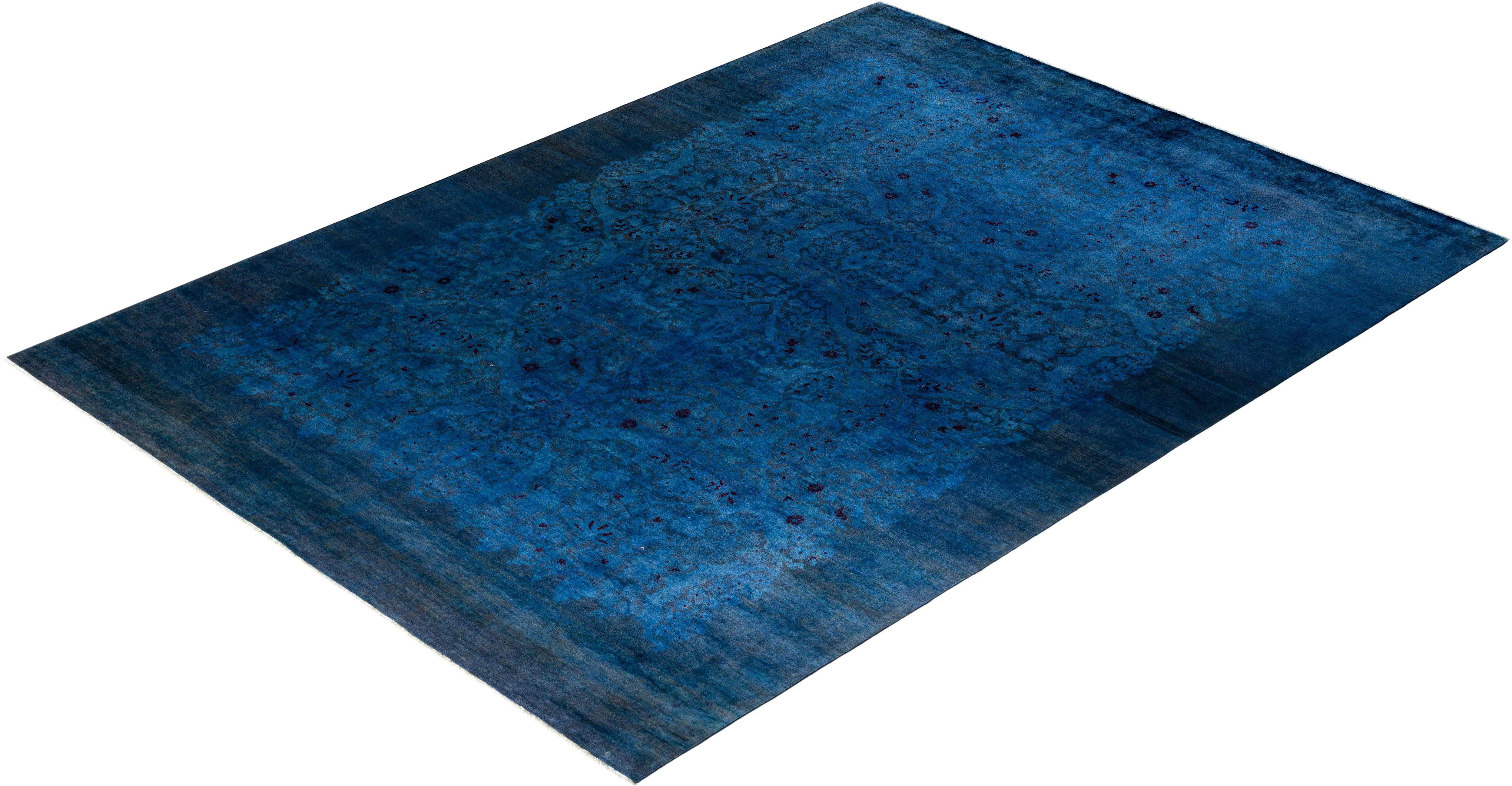 Contemporary Overdyed Hand Knotted Wool Blue Area Rug 9' 0