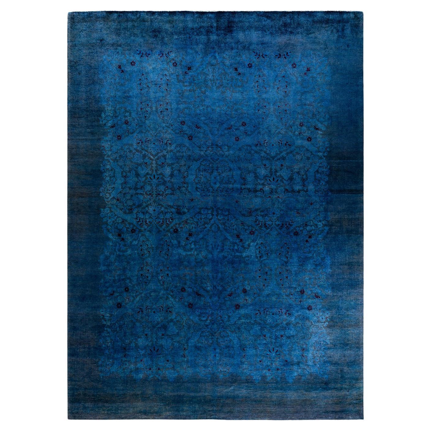 Contemporary Overdyed Hand Knotted Wool Blue Area Rug 9' 0" x 12' 1"