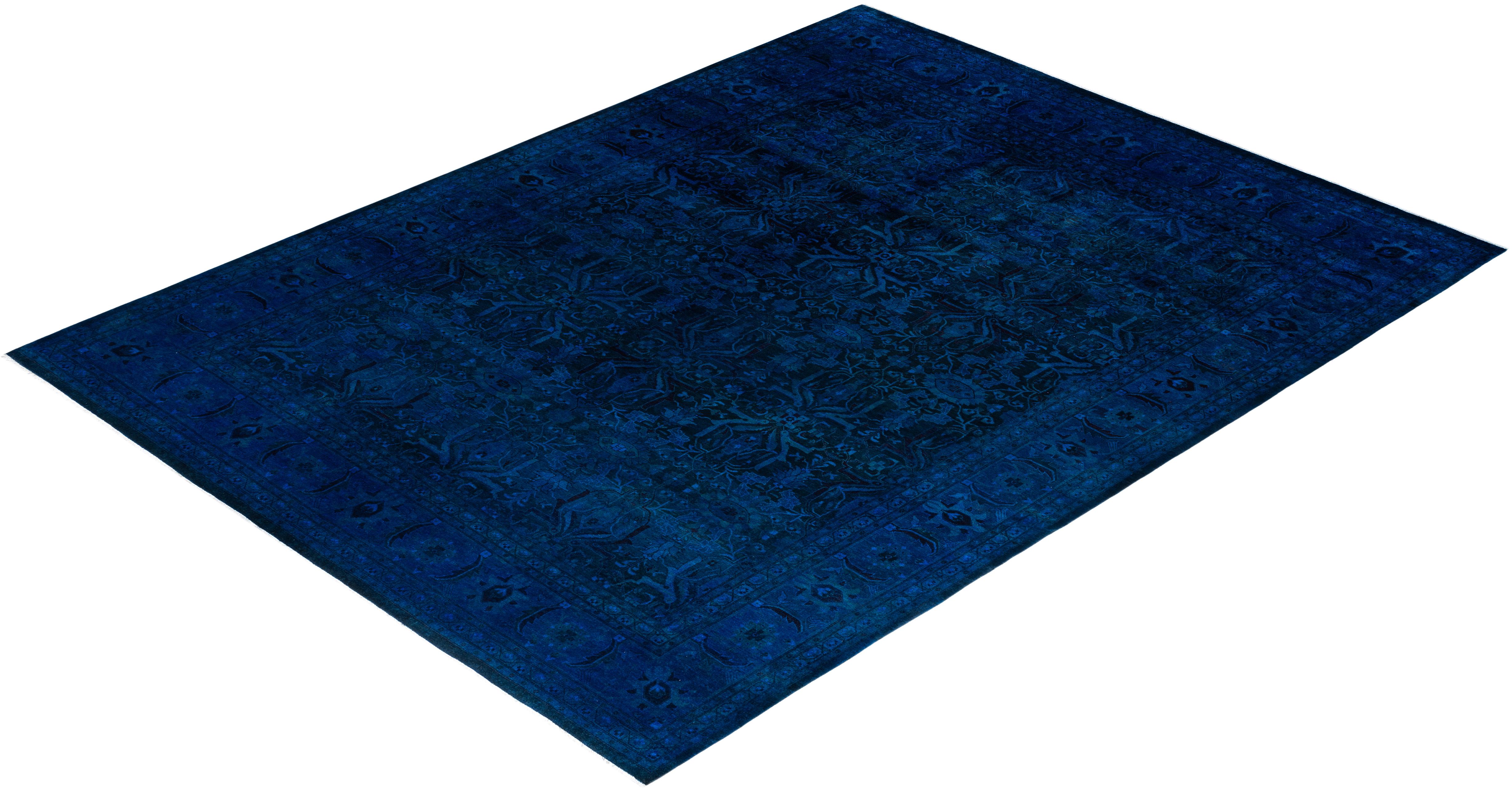 Contemporary Overdyed Hand Knotted Wool Blue Area Rug 9' 1