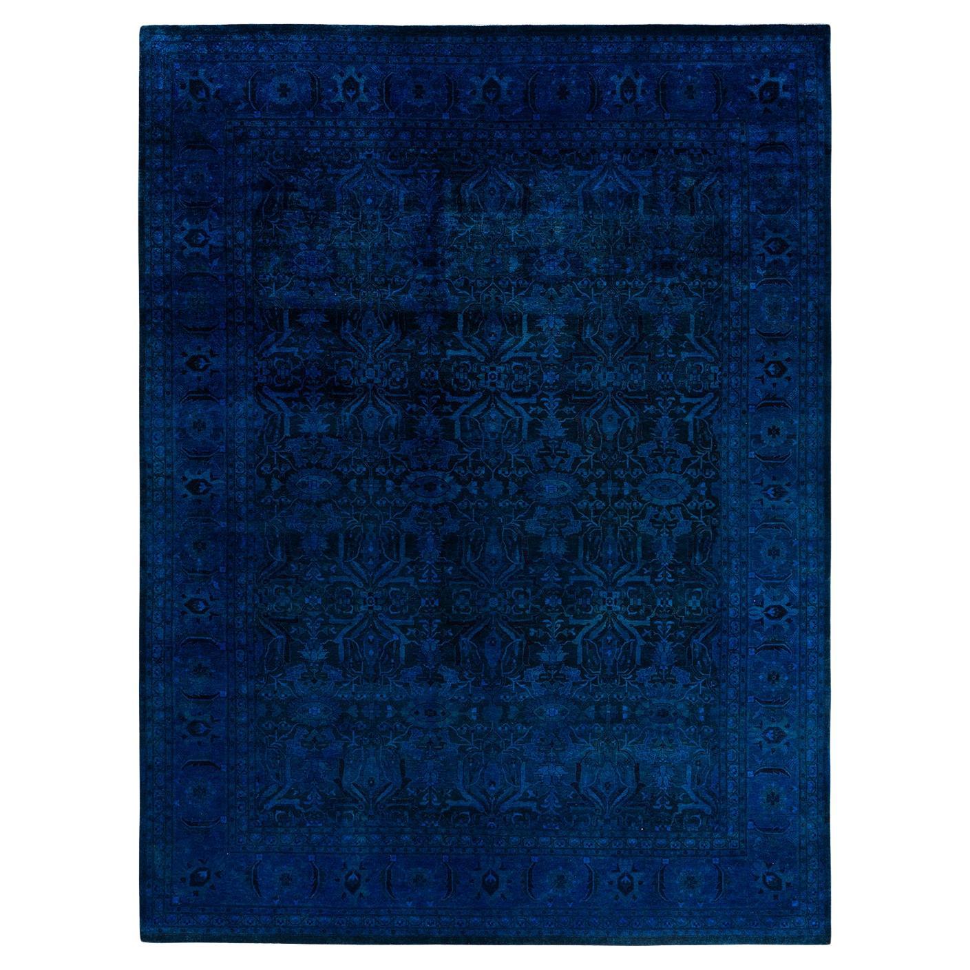Contemporary Overdyed Hand Knotted Wool Blue Area Rug 9' 1" x 12' 2" For Sale
