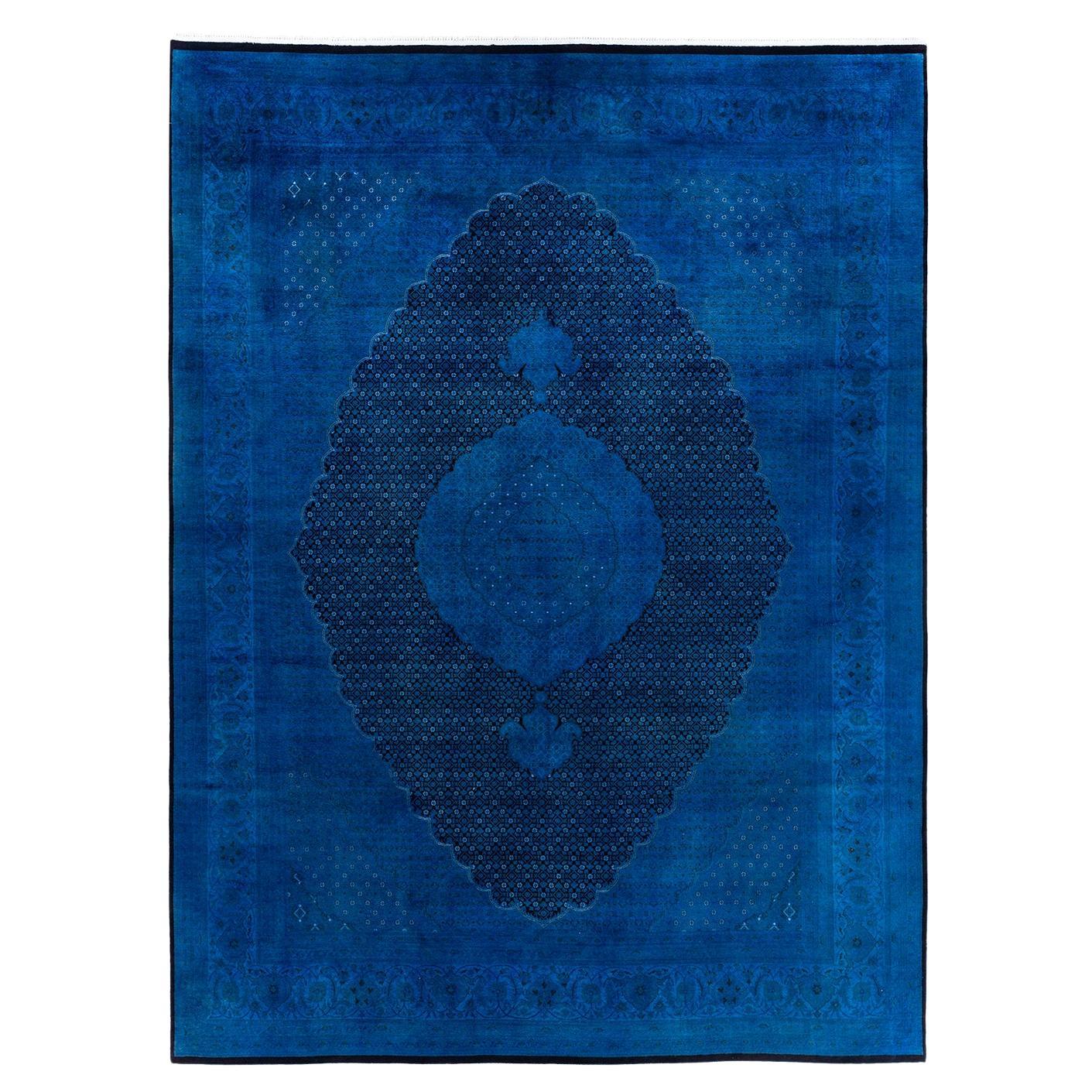 Contemporary Overdyed Hand Knotted Wool Blue Area Rug 9' 1" x 12' 2"