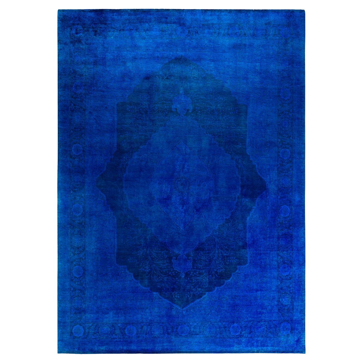 Contemporary Overdyed Hand Knotted Wool Blue Area Rug 9' 1" x 12' 6"