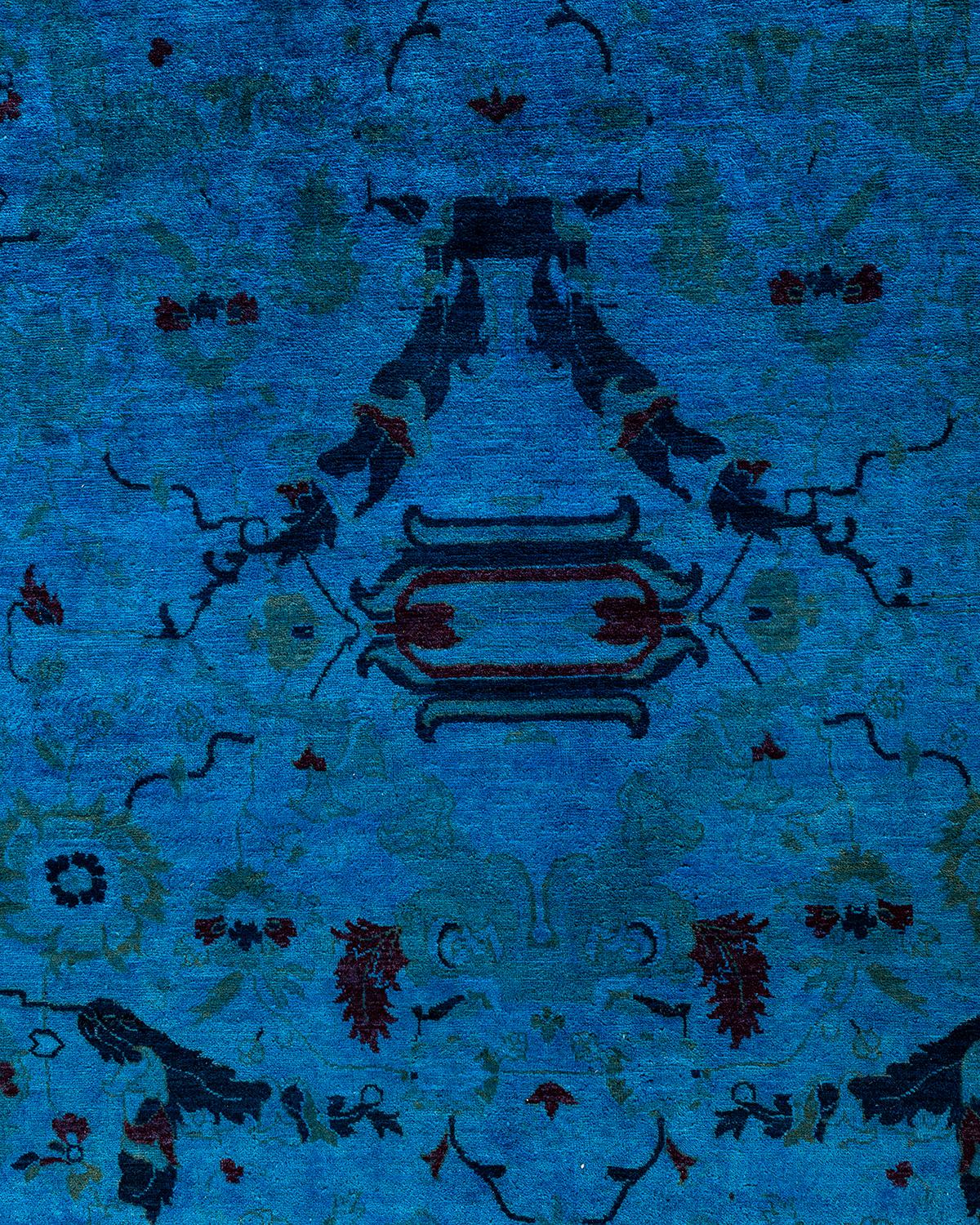 Pakistanais Contemporary Overdyed Hand Knotted Wool Blue Area Rug 9' 2