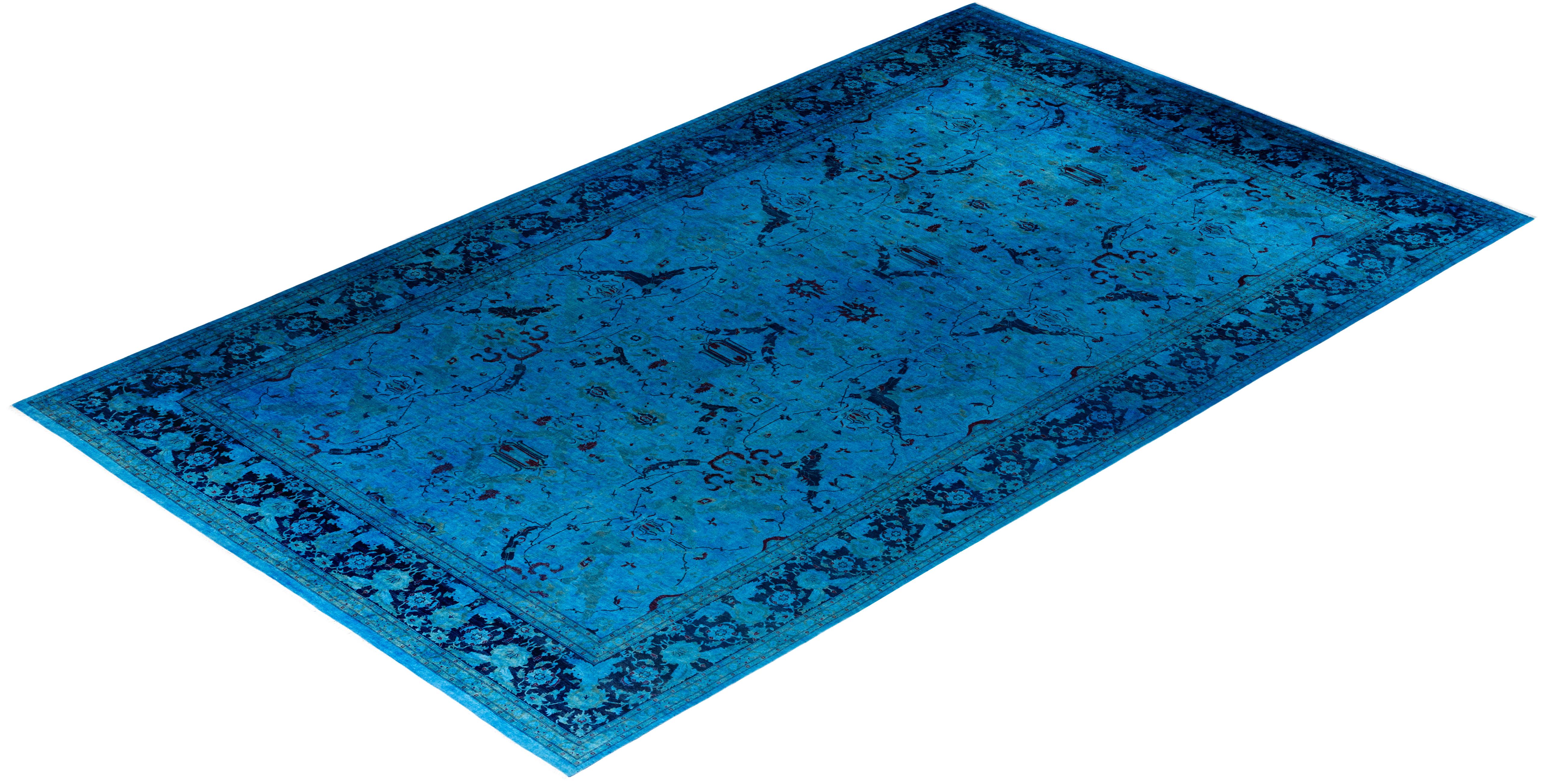 Contemporary Overdyed Hand Knotted Wool Blue Area Rug 9' 2