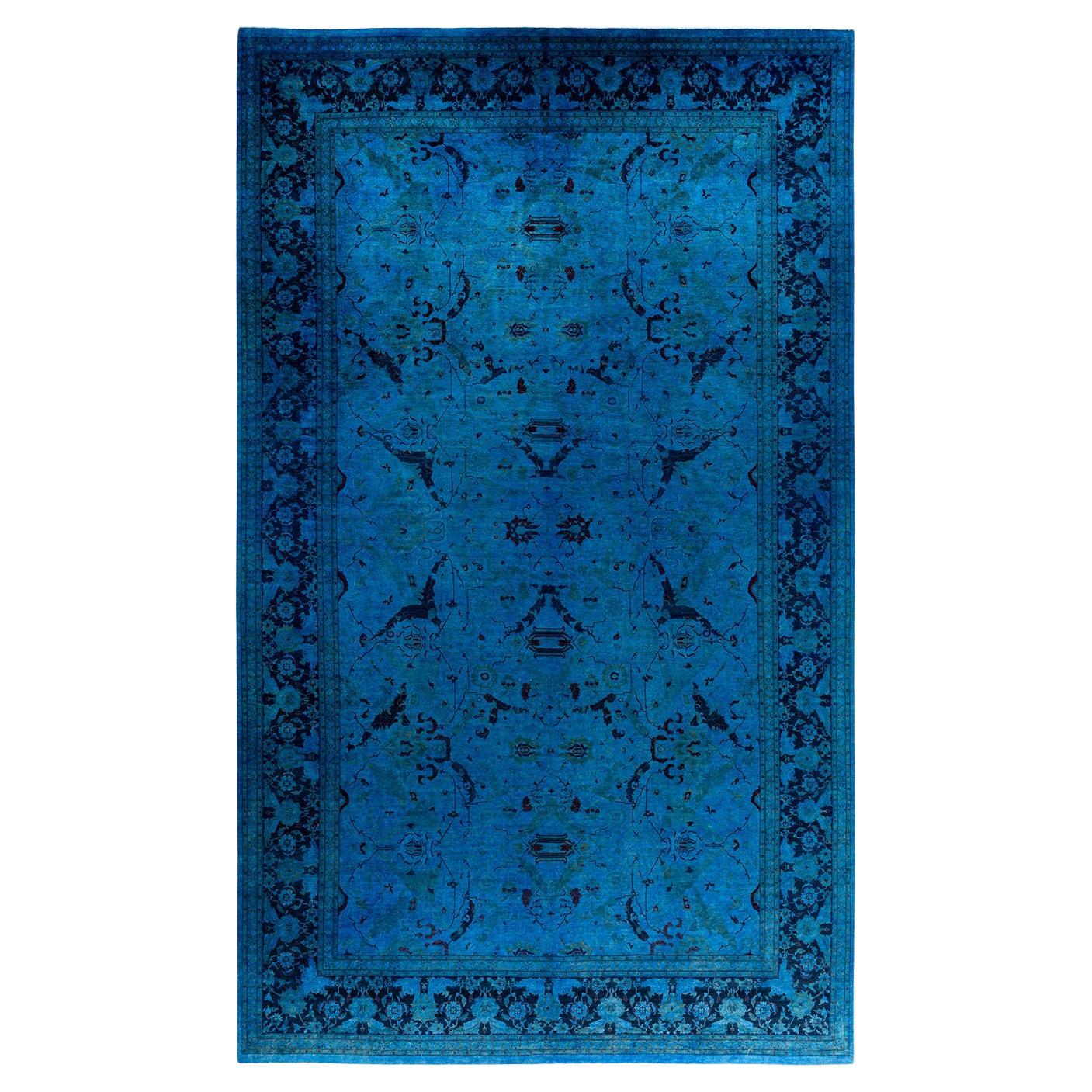 Contemporary Overdyed Hand Knots Rugs, Tappeto blu in lana, 9' 2" x 16' 6".