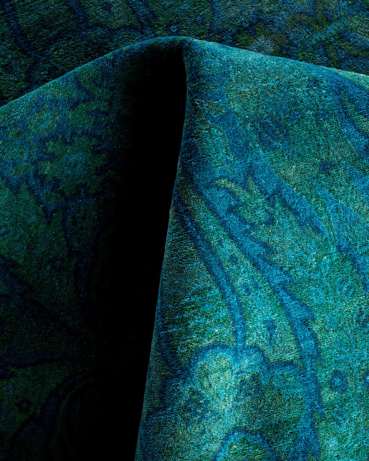 Contemporary Overdyed Hand Knotted Wool Blue Area Rug 9' 4