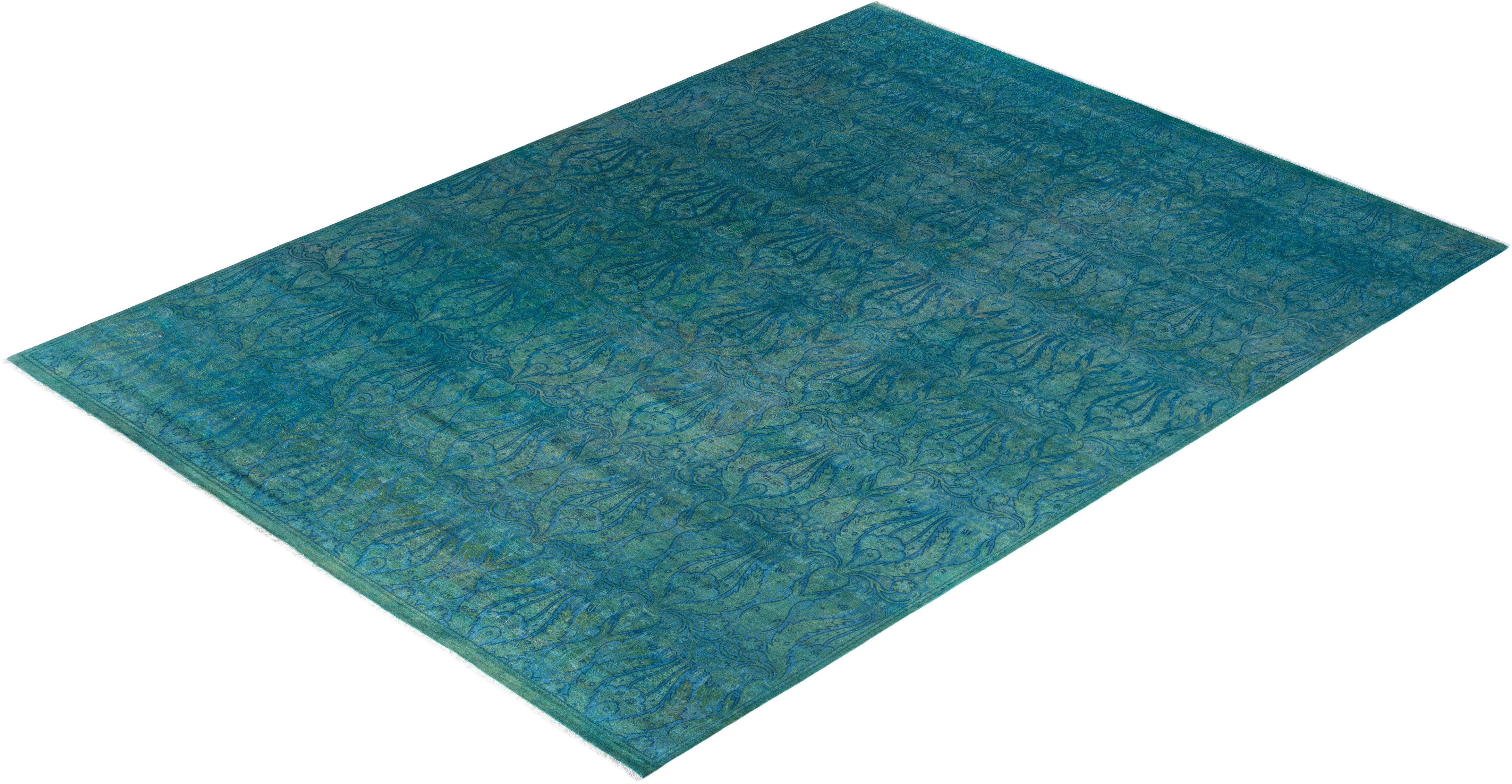 Contemporary Overdyed Hand Knotted Wool Blue Area Rug 9' 4