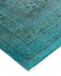 Tapis de sol contemporain en laine surteinte nouée à la main, bleu