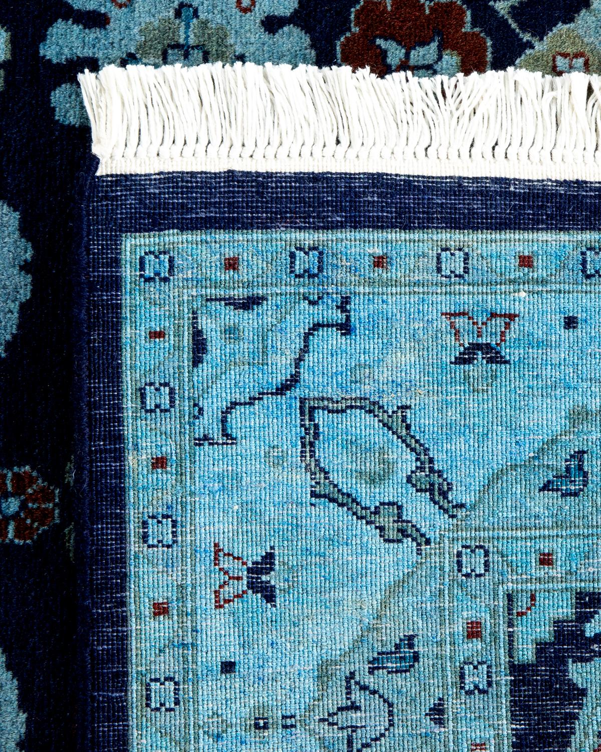 Contemporary Overdyed Hand Knotted Wool Blue Area Rug For Sale 1