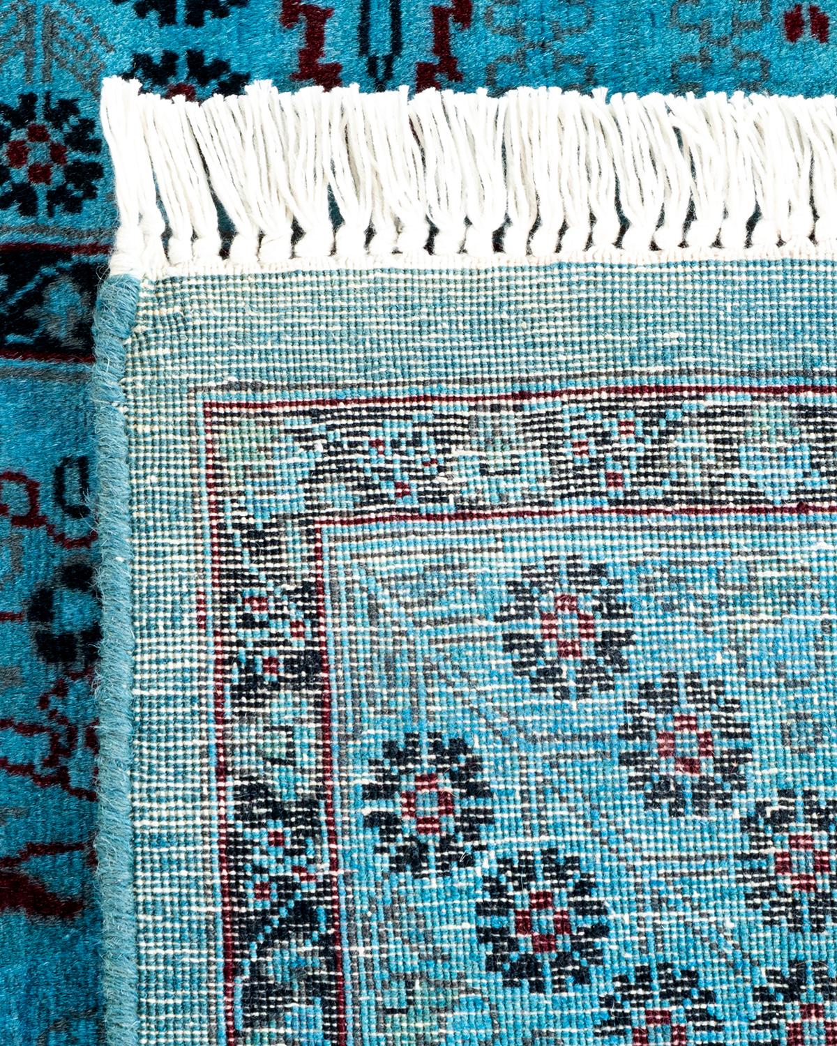Contemporary Overdyed Hand Knotted Wool Blue Area Rug For Sale 1