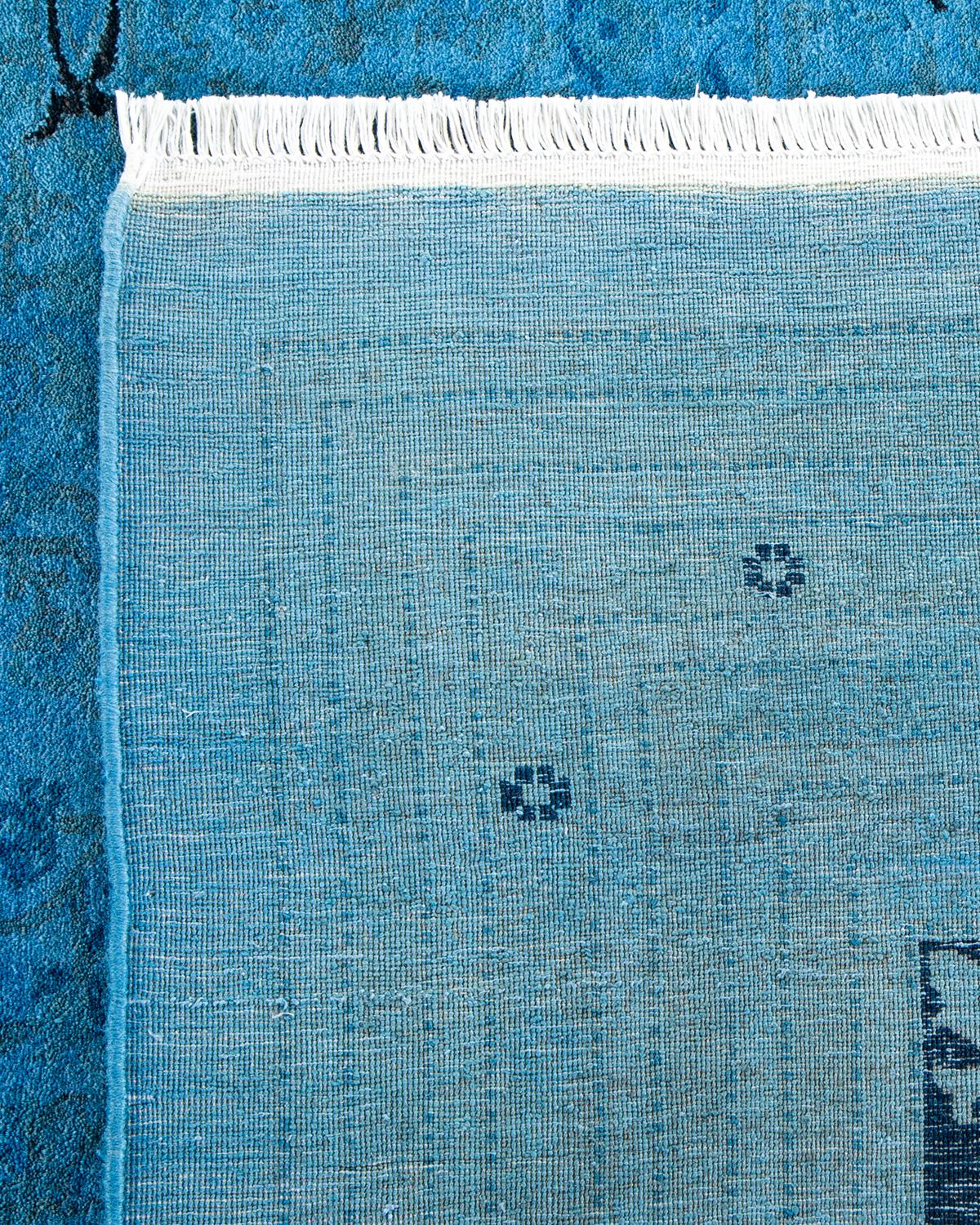 Contemporary Overdyed Hand Knotted Wool Blue Area Rug For Sale 1