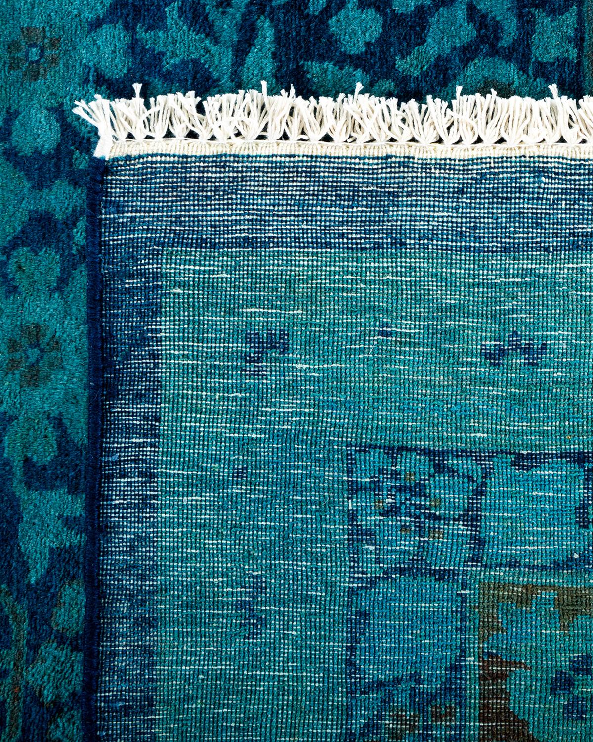 Contemporary Overdyed Hand Knotted Wool Blue Area Rug For Sale 1
