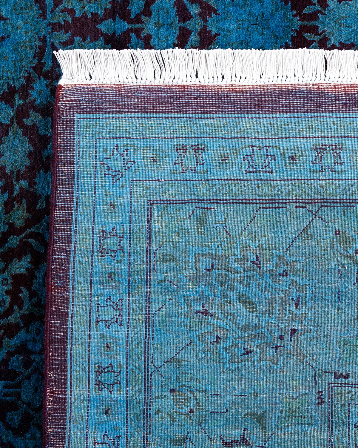 Contemporary Overdyed Hand Knotted Wool Blue Area Rug For Sale 1