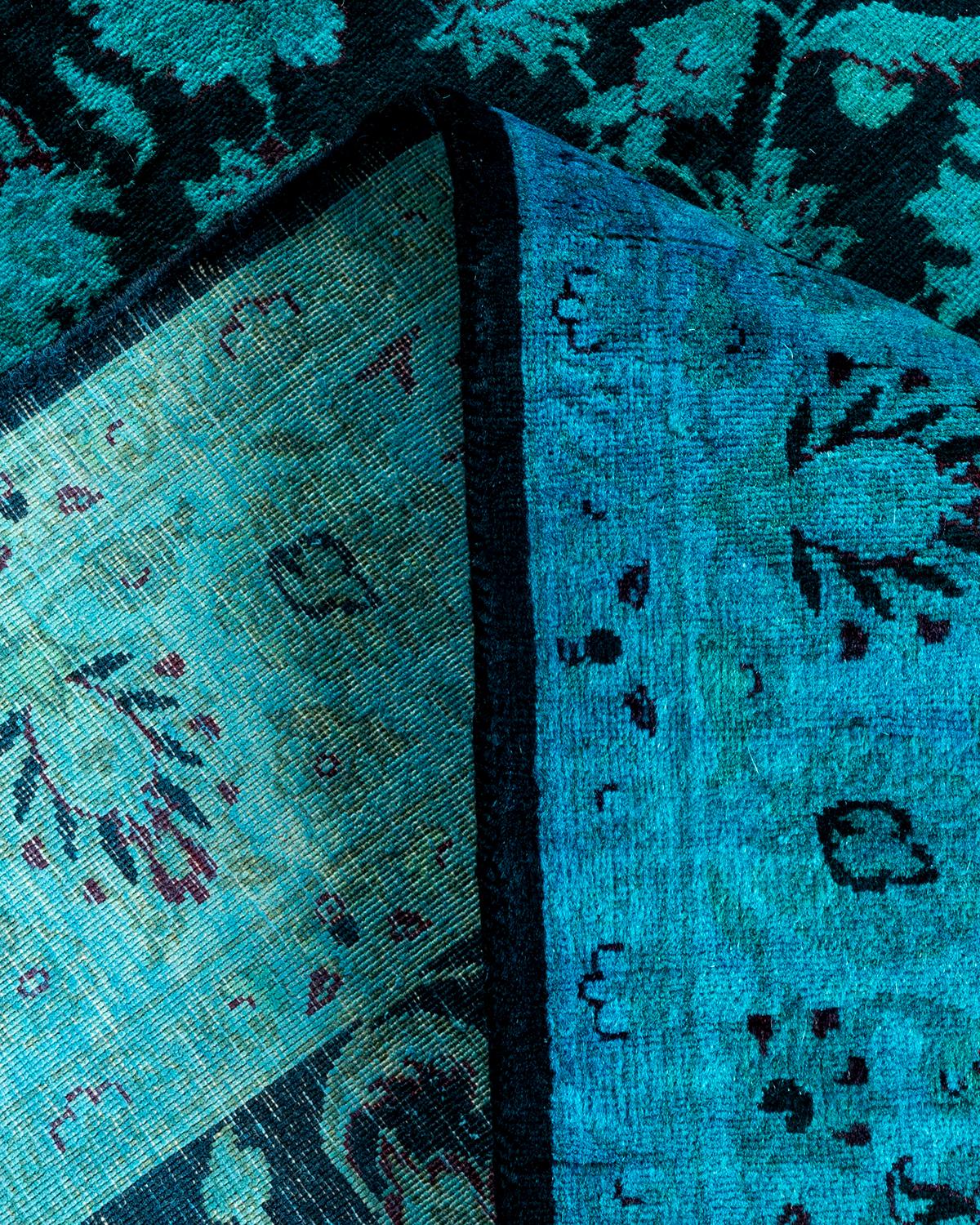 Contemporary Overdyed Hand Knotted Wool Blue Area Rug For Sale 2