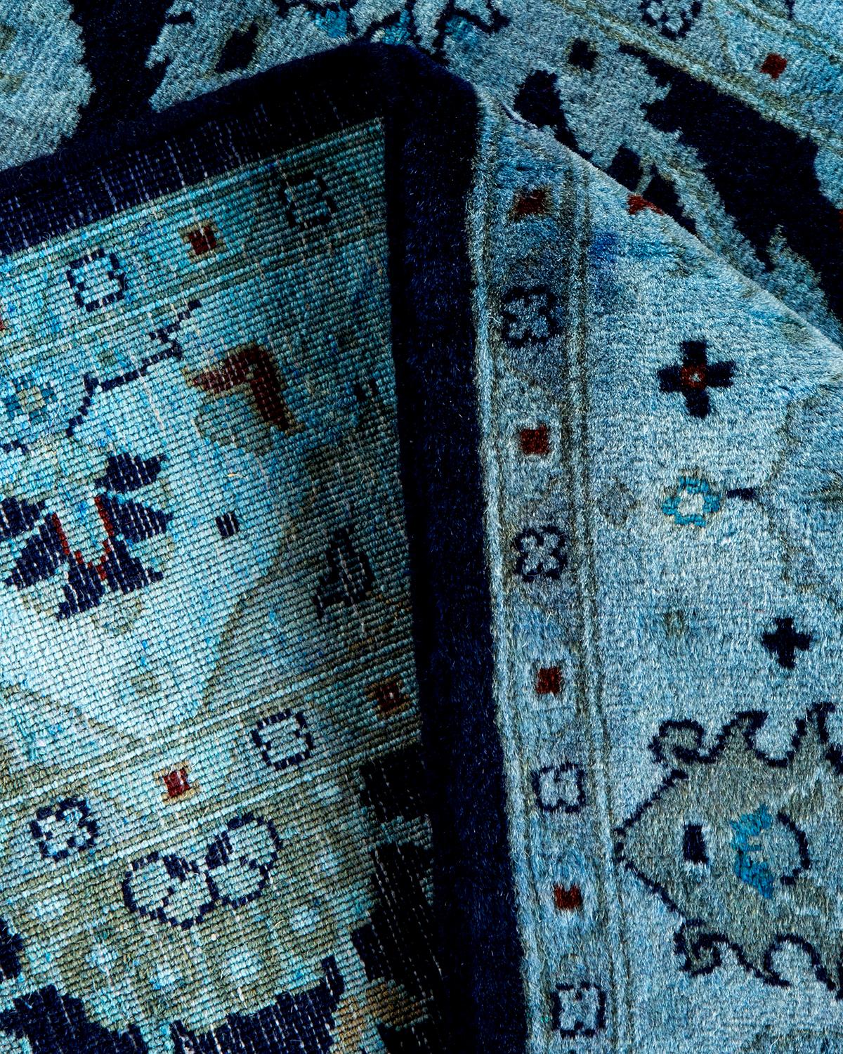 Contemporary Overdyed Hand Knotted Wool Blue Area Rug For Sale 2