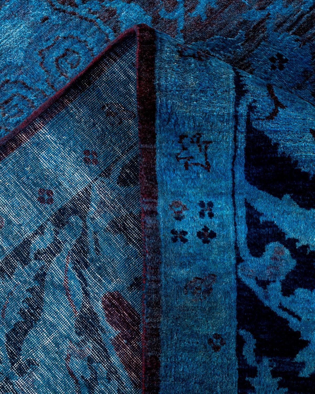 Contemporary Overdyed Hand Knotted Wool Blue Area Rug For Sale 2