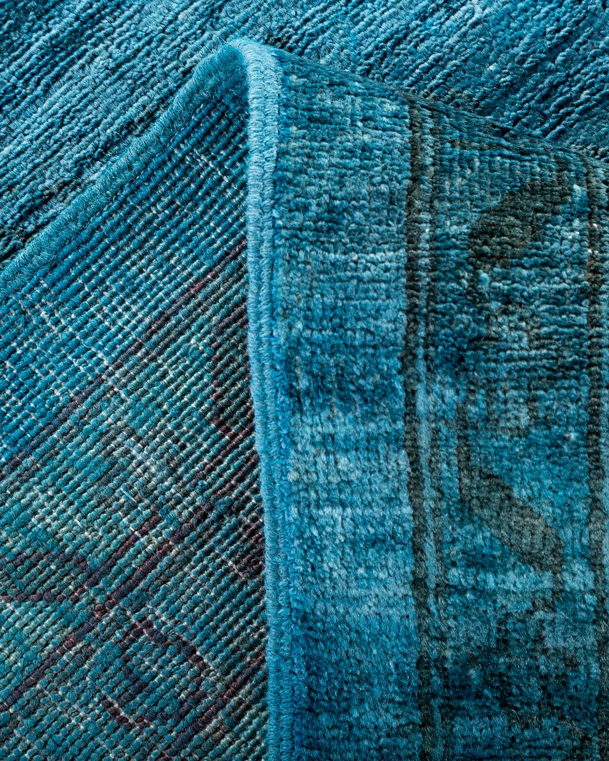Contemporary Overdyed Hand Knotted Wool Blue Area Rug For Sale 2